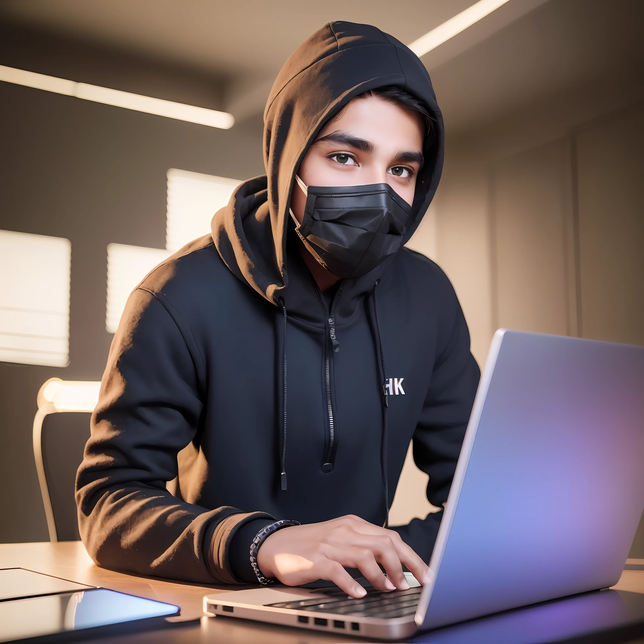(8k, RAW photo, best quality, masterpiece: 1.2), (realistic, photorealistic: 1.37), 1 boy , coll, indian , dark, mask, glass, laptop, happy , hacker, drak, model, ultra realistic ,cool --auto --s2
