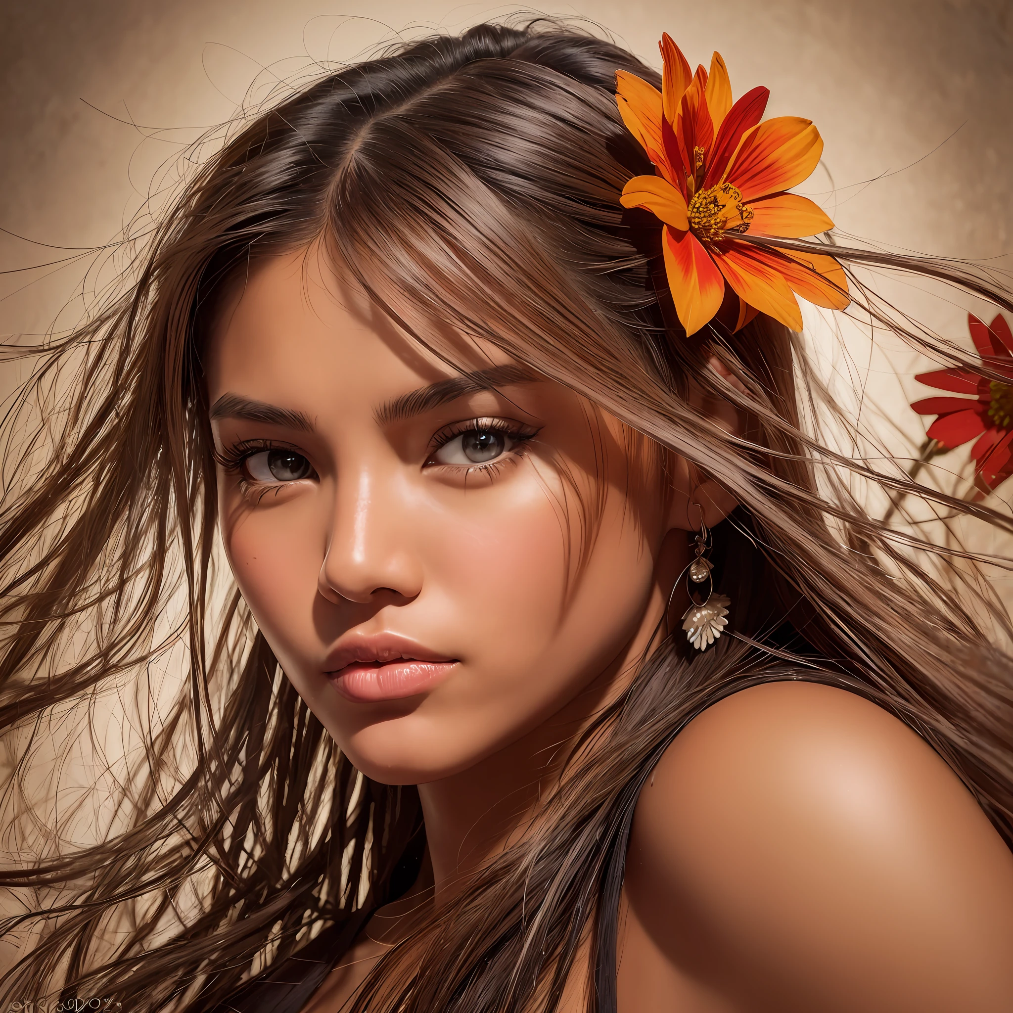 Photograph Character Pocahontas woman and beautiful (realistic: 1.2) brown eyes. Tanned skin. Photorealistic. High contrast. Abstract background. Intimidating face. Scratch on the eyebrow. Chin split. Flowers in the hair. High sharpness. Fine, delicate strokes