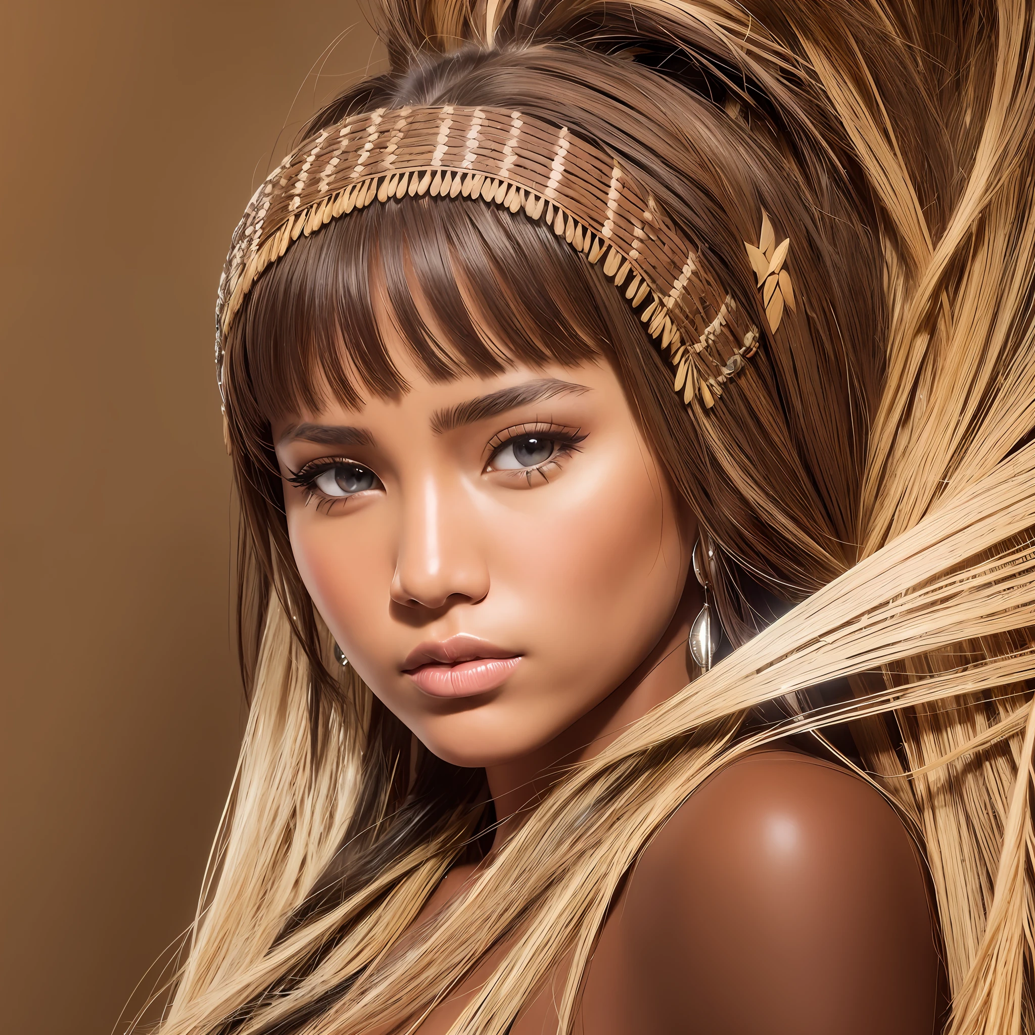 Photograph Character Pocahontas woman and beautiful (realistic: 1.2) brown eyes. Tanned skin. Photorealistic. High contrast. Abstract background. Intimidating face
