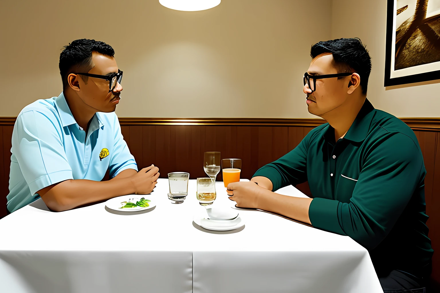 guttonerdvision3, Create an illustration that depicts two men wearing glasses, each with highly detailed faces and skin. They are seated at a table in a restaurant, engaged in a conversation with each other. The atmosphere is romantic, with soft lighting provided solely by the candlelight on the table.
The two men are positioned facing each other, leaning slightly forward, engrossed in their conversation. Their hands touch gently on the table, conveying a sense of connection and intimacy. Pay close attention to the intricate details of their faces, capturing the texture of their skin, the reflections in their glasses, and the emotions expressed through their eyes and expressions.
The restaurant setting should be rendered with meticulous attention to detail. Include elements such as the texture of the tablecloth, the shine of the silverware, and the subtle reflections on the glasses. The lighting should be soft and gentle, with warm hues emanating from the candle flames.
To enhance the realism of the scene, consider adding subtle elements such as the play of light and shadow on the walls and the surrounding environment. Pay attention to the reflections and nuances in the characters' clothing, as well as the fine details of the restaurant's interior, such as artwork, decor, and other patrons.
Employing ultra-high-definition (UHD) techniques, ensure the illustration is incredibly detailed, capturing even the smallest textures and nuances. This level of detail will bring the scene to life, immersing the viewer in the intimate and romantic atmosphere of the moment.
The final result should be a highly realistic, detailed, and emotionally evocative illustration, showcasing the connection and romantic ambiance between the two men as they engage in conversation at the restaurant table.