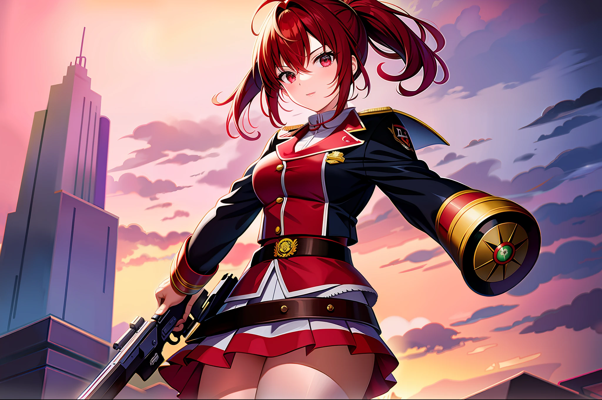 masterpiece,(best quality),anime girl in a red and white uniform with a gun, cushart krenz, female protagonist 👀 :8, cushart kenz, female magical anime. , sakura kinomoto, anime style character, anime character design, female anime character, katana zero video game character, sakura haruno, fullbody, ponytail, magicalgirl, jacket over uniform,red hair, ribbon on chest,( ( character concept art ) )