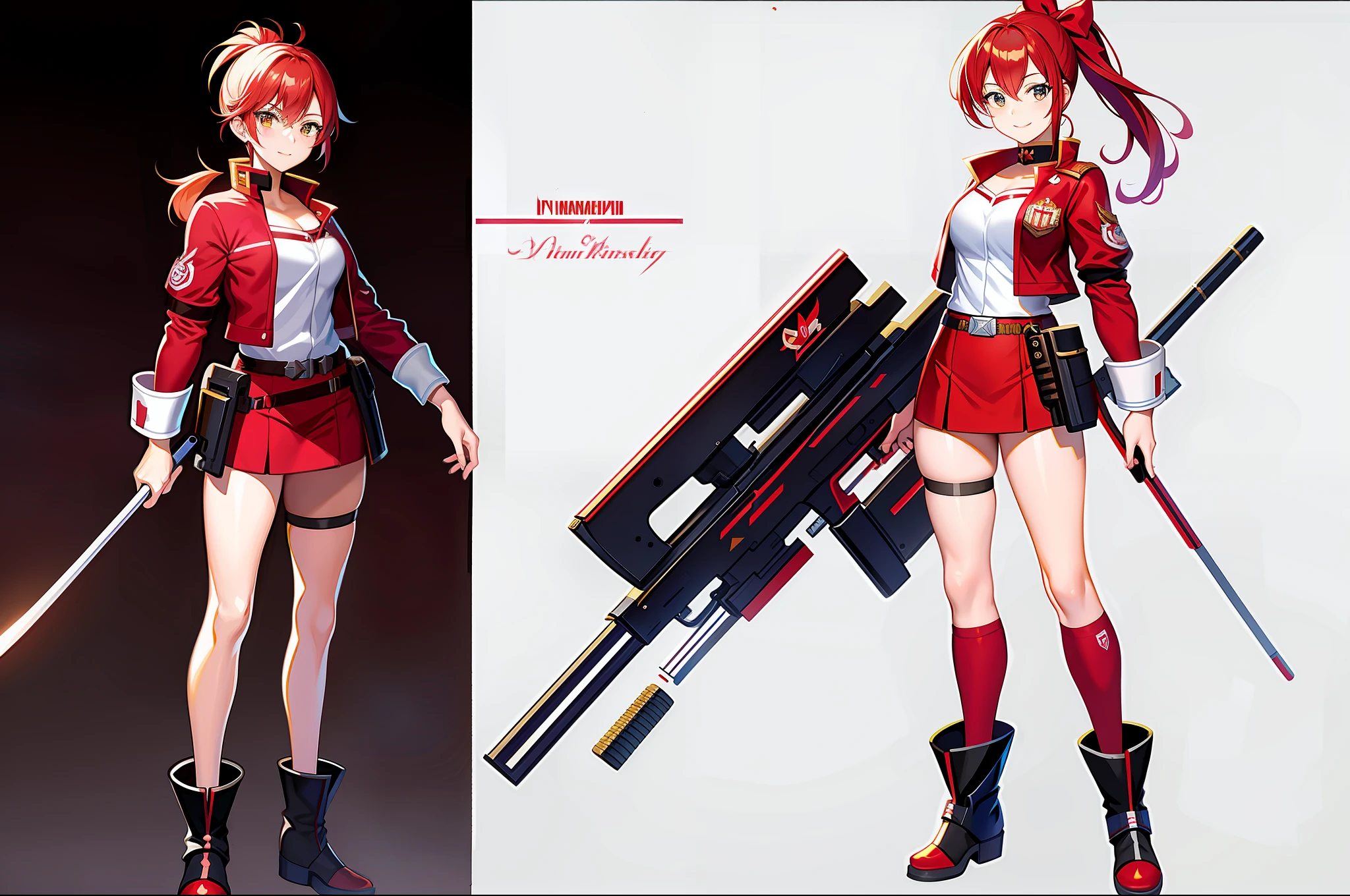 masterpiece,(best quality),anime girl in a red and white uniform with a gun, cushart krenz, female protagonist 👀 :8, cushart kenz, female magical anime. , sakura kinomoto, anime style character, anime character design, female anime character, katana zero video game character, sakura haruno, fullbody, ponytail, magicalgirl, jacket over uniform,red hair, ribbon on chest,( ( character concept art ) )