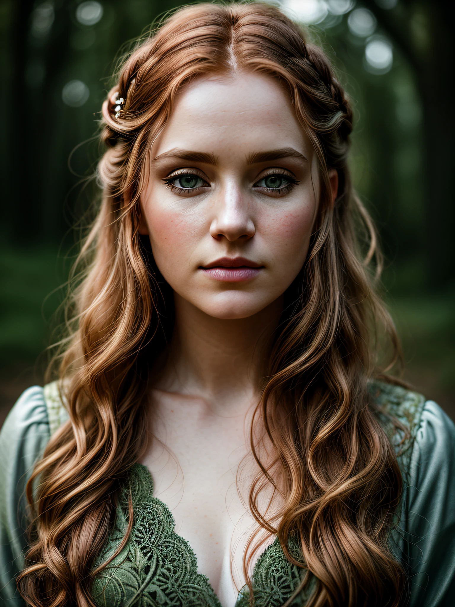 closeup of an irish woman, brigir goddess, wavy ginger hair, wearing olive green medieval dress, winter forest, natural skin texture, 24mm, 4k textures, soft cinematic light, RAW photo, photorealism, photorealistic, intricate, elegant, highly detailed, sharp focus, (((((square face))))), (((front headshoot))), hair back (((((cinematic look)))), soft tones, insane details, intricate details, hyperdetailed, Low contrast, soft cinematic light, dark colors, exposure mix, HDR, Faded