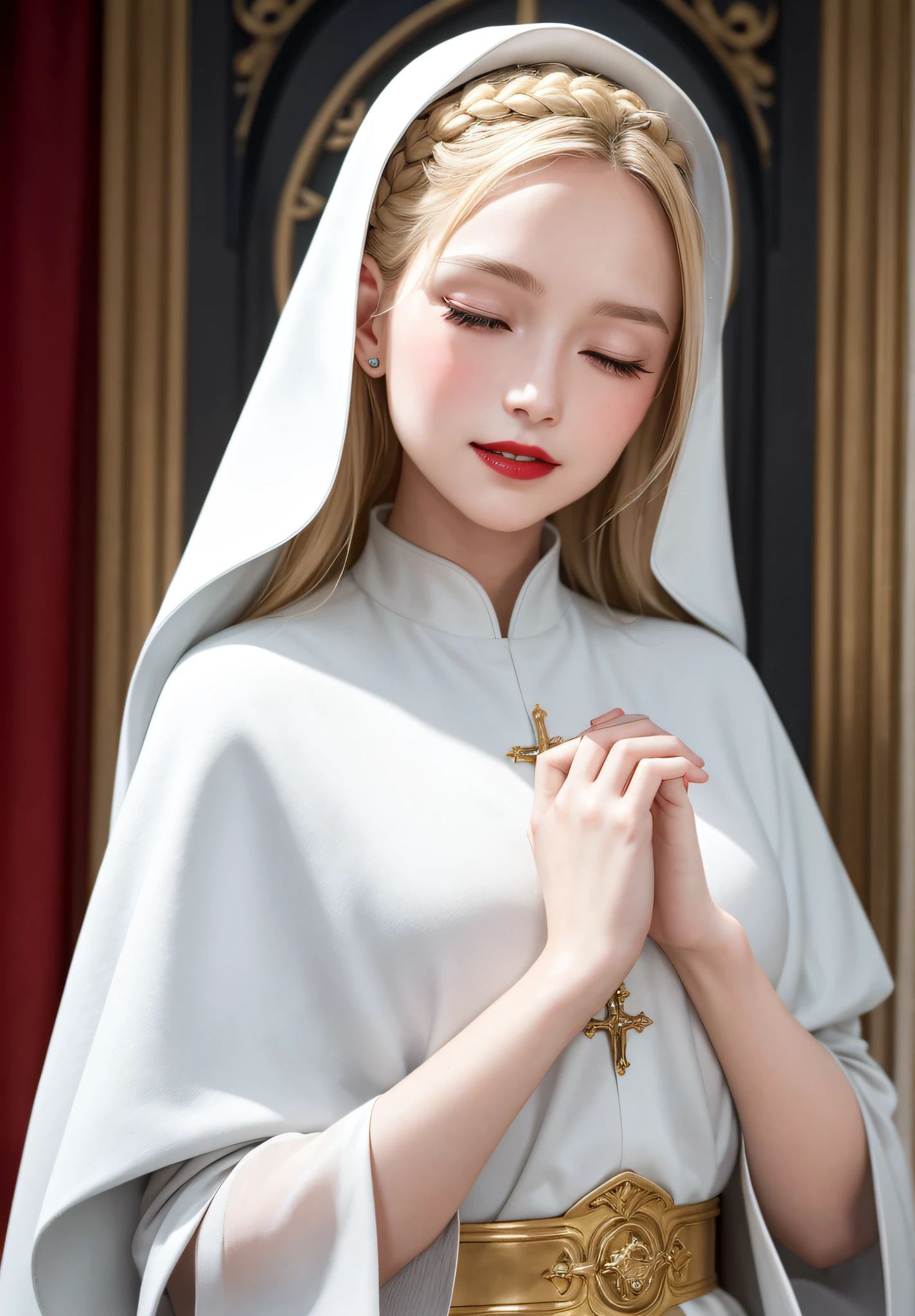 (Masterpiece, Best Quality, Hiqcgbody) Blonde French braid, nun in collared cloak (1girl), smiling and crossing hands, portrait shooting angle, red lips and white teeth, royal throne, meticulous and intricate details, expression sad, cross on chest, eyes closed, pray to God, light soft and warm, 8k size, full of elegance and solemnity.