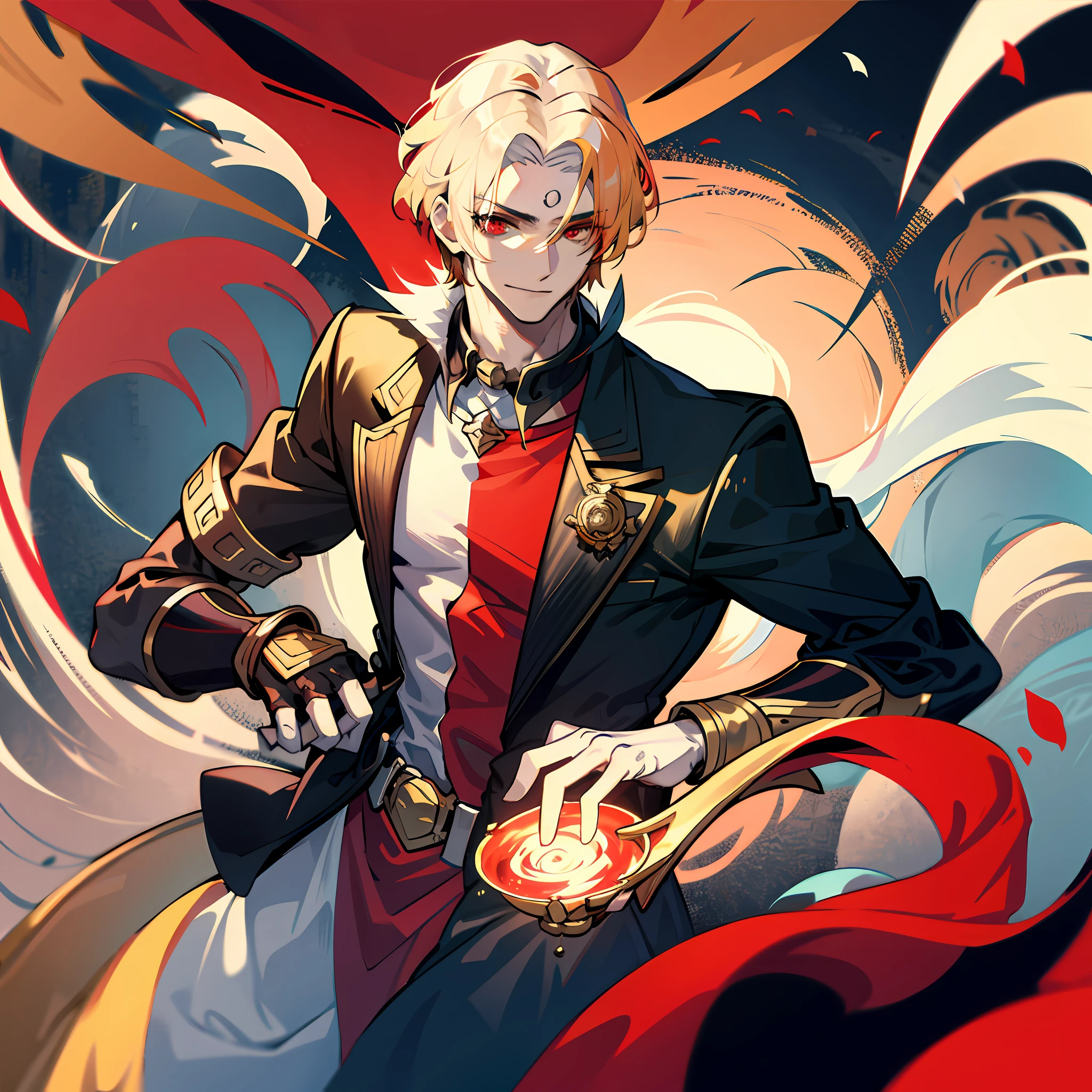 Only 1 young boy, Very handsome young boy, golden hair with short hair style, red eyes, wear black beggar clothes