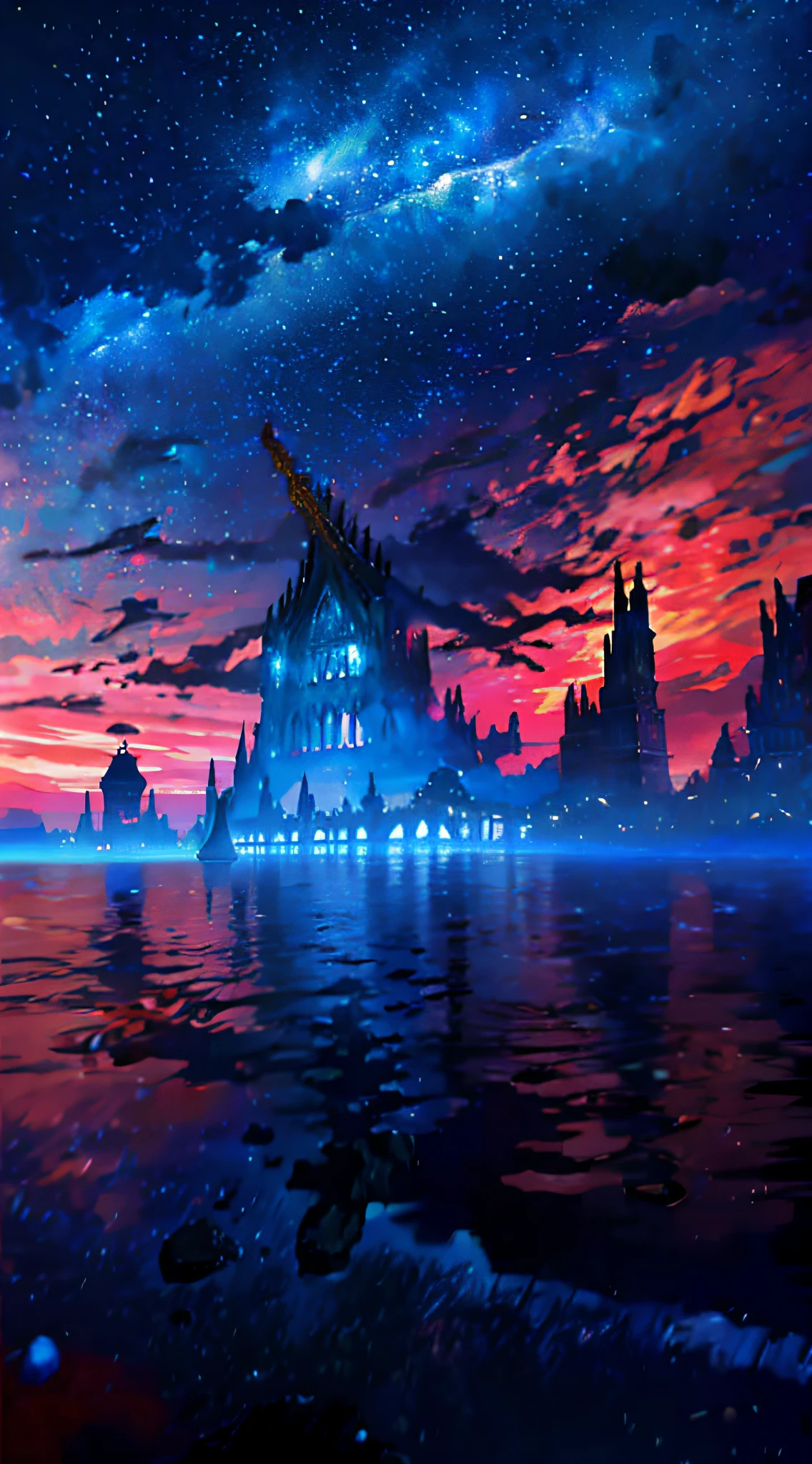 towers of god, blue towers, violet, blue, red, god, red sky, violet sky, starry sky, stars, starry towers, starry god, light blue, civilization, order