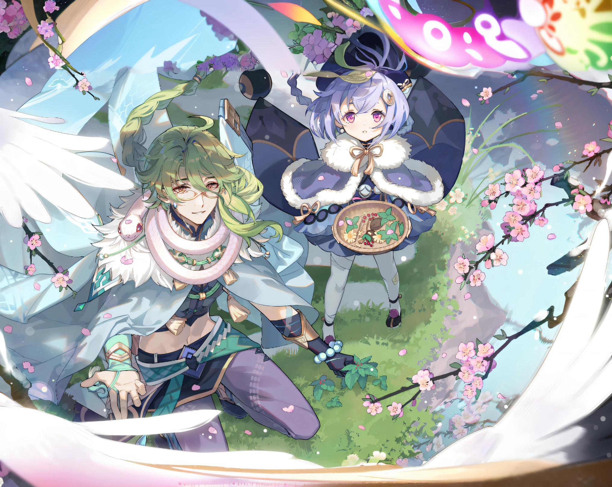 anime characters in a circle with a background of flowers, official artwork, from touhou, genshin, art style of rune factory 5, anime fantasy illustration, onmyoji detailed art, high detailed official artwork, shirabii, rune factory 5, touhou project official artwork, official art, touhou project, anime in fantasy style, detailed fanart