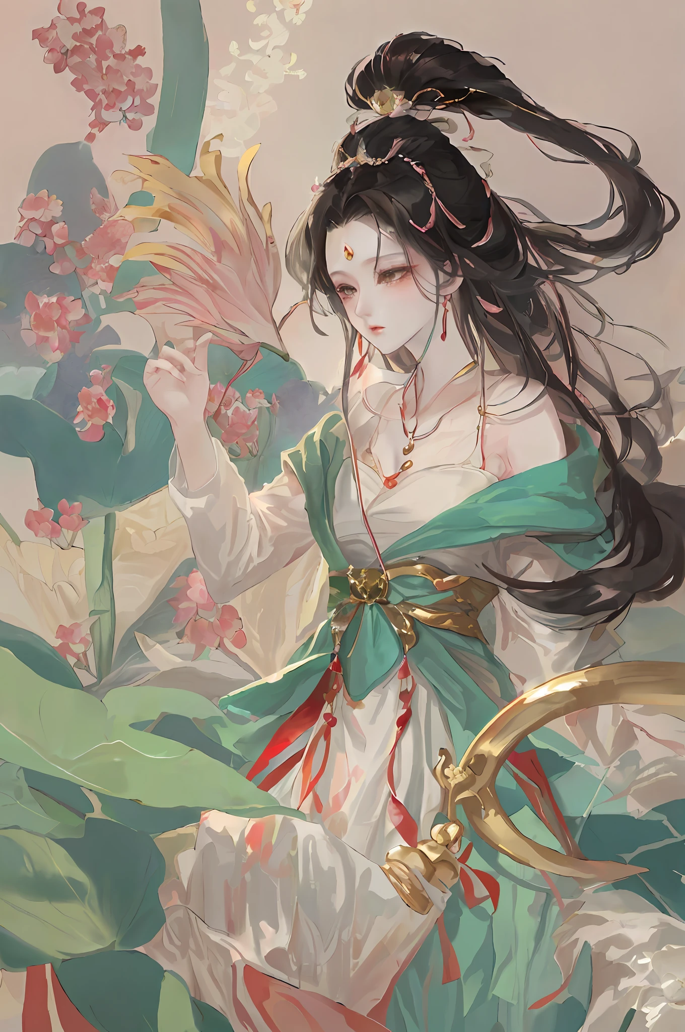 Ancient Chinese beauty sitting on stone, dressed in ancient Chinese clothing, flowing tulle, light silk, lazy pose, ((((large lotus leaf))), (((pink lotus 1.5))), ink painting style, clean color, decisive cut, white space, freehand, masterpiece, super detailed, epic composition, high quality, highest quality, 4k --v 6