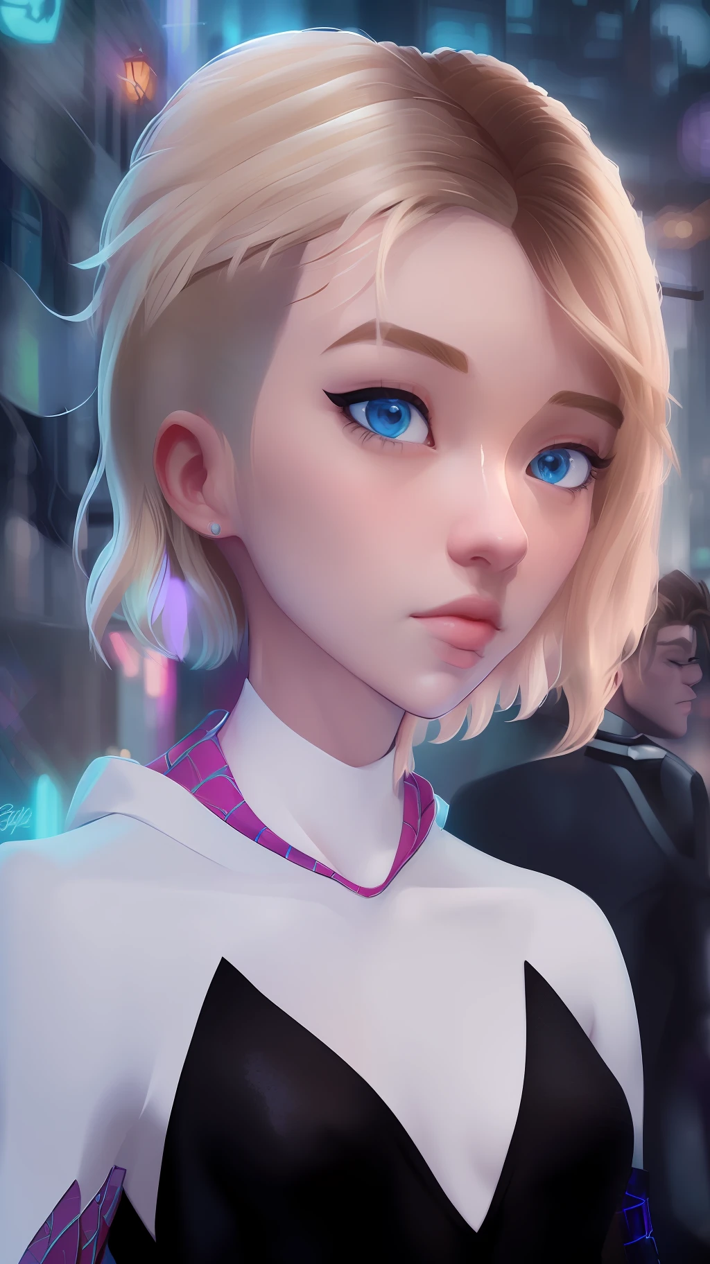 ((masterpiece)), (cinematic lighting), a close-up, beautiful stylized illustration of gwen_stacy, with a sidecut, asymetrical blonde hair, with incredibly detailed blue eyes and a beautiful detailed face, with parted lips, the side of her head shaved, bare shoulders, casual in the city, looking away, high detailed, 8k, samdoesart style