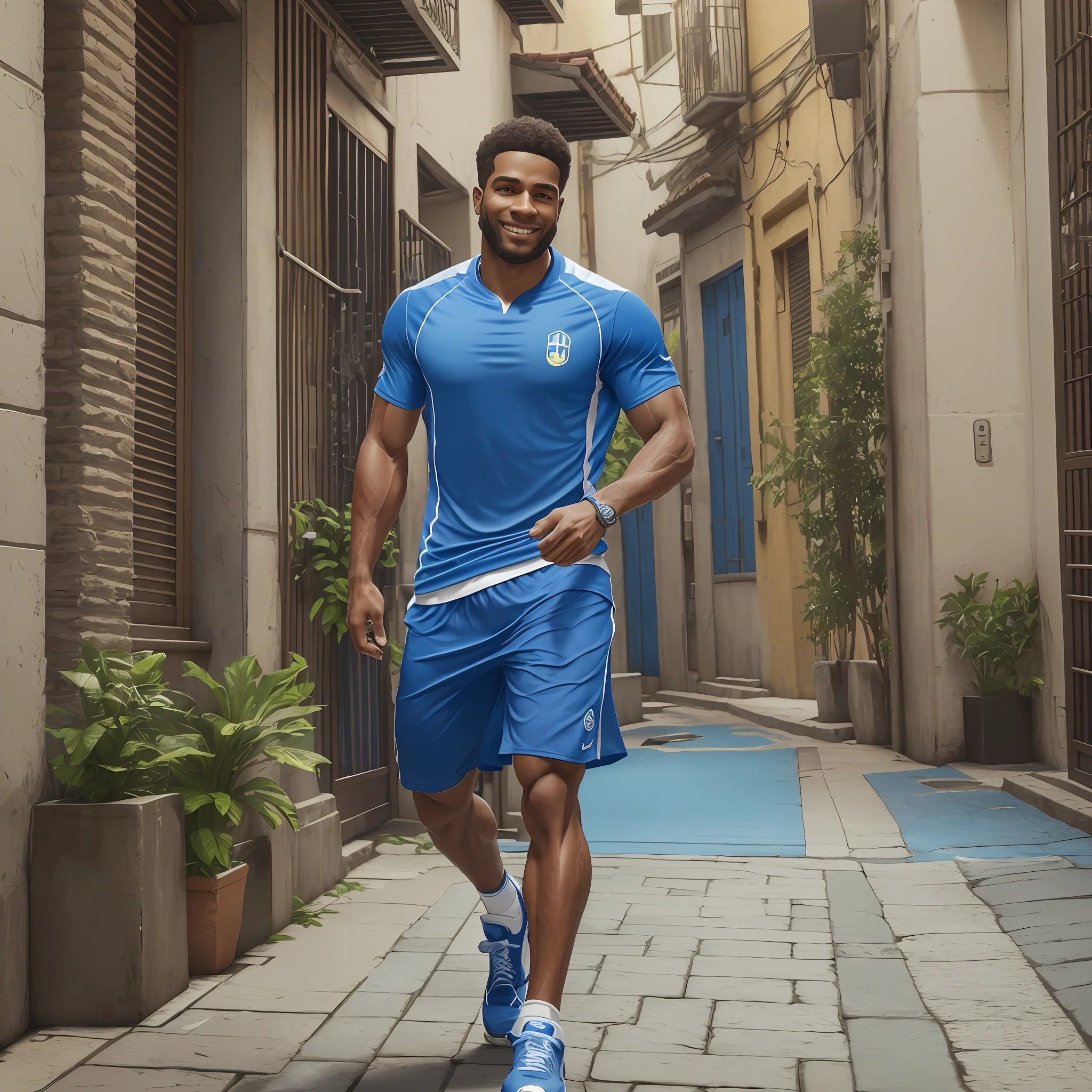 athlete walking in the streets, wearing tennis shoes, blue training shirt, Brazilian nationality, Handsome trainer smiling at camera , ((Best Quality)), ((Masterpiece)), ((Photorealistic)), ((Perfect Character)) ((Unreal Engine 5)) ((Dolby Video)) ((bifocal)) ((Canon 85mm f/1.4)) --ar 3:2 --auto --s2