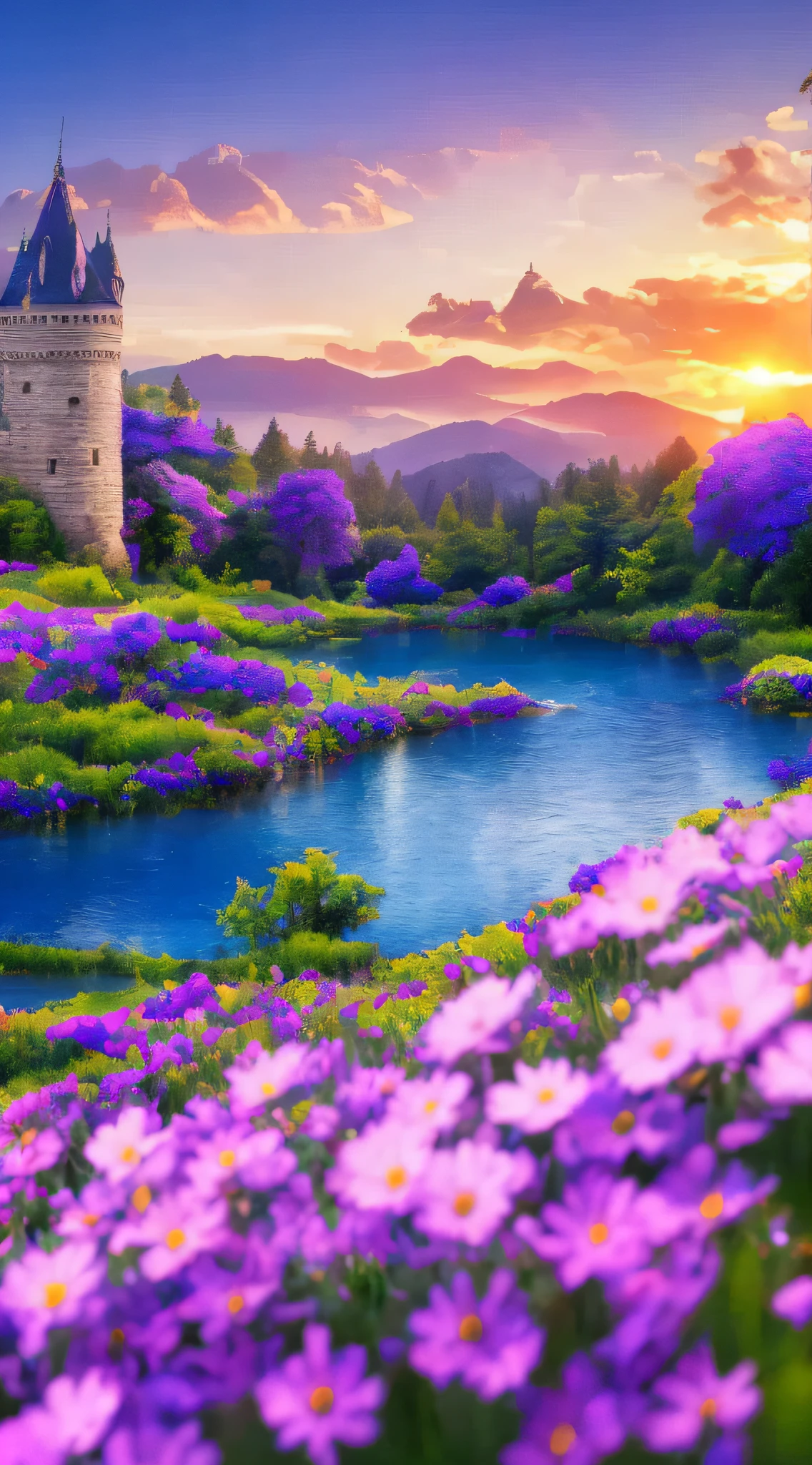 Landscape with blue and purple flowers, castle, river, realistic, sunset, --auto --s2