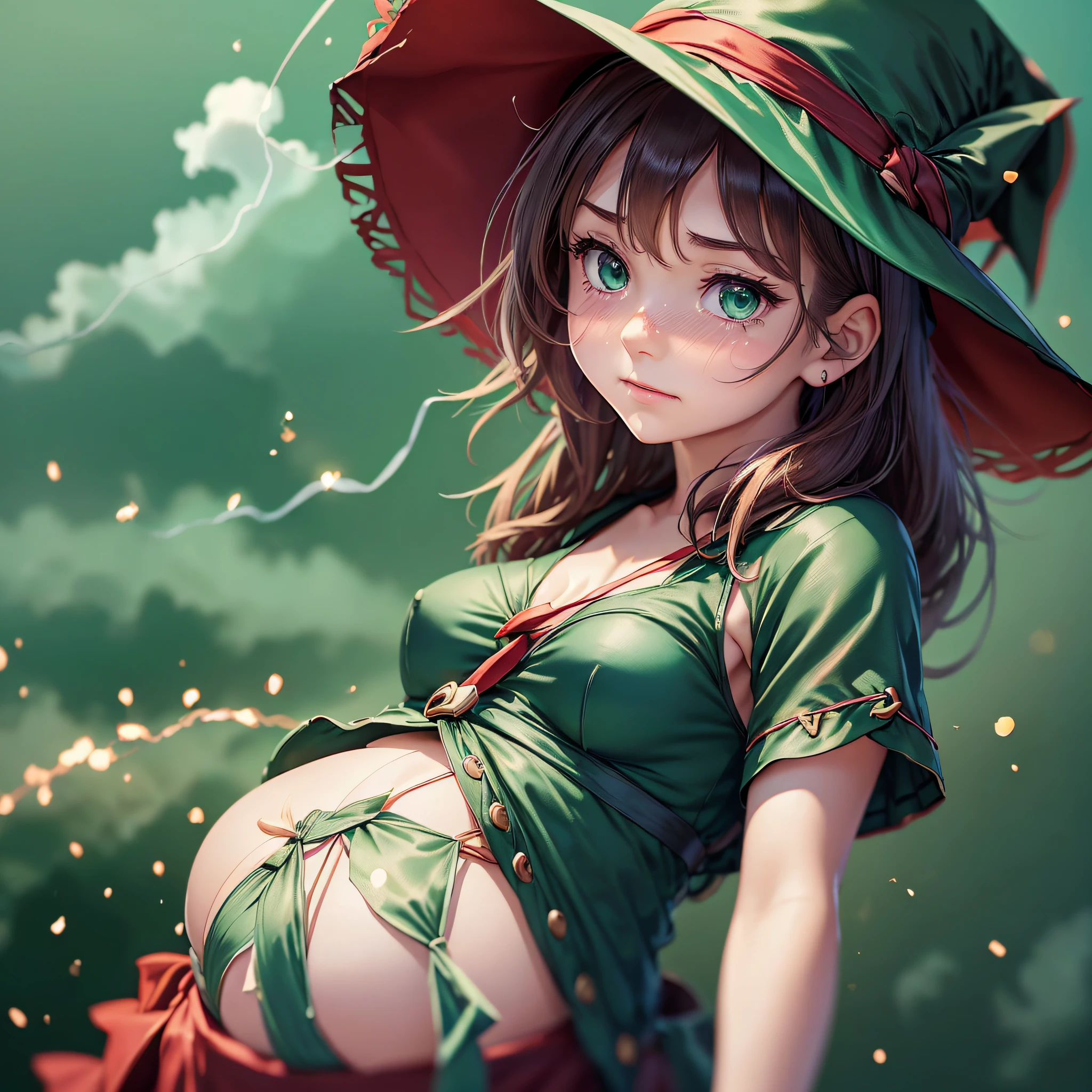 1girl, solo, short sleeve, green eyes, looking at the viewer, face about to cry,, simple background, heart 1girl,( steam, string, megumin, witch hat, red dress, magic wand,pregnancy --auto --s2