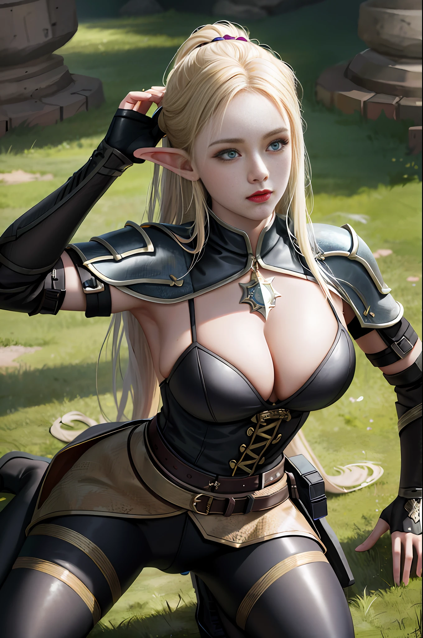 looking at viewer, half body angle, cave background, movie still, chiaroscuro lighting, Rembrandt lighting, female hunter, Wearing archer clothing, with totem painted on face and arms, elf blonde long hair, huge breast, appropriate muscle definition, half-kneeling on the ground, heroic posture, realistic style,(8k, RAW photo, best quality, masterpiece:1.2), (realistic:1.3), (photorealistic:1.3), detailed facial features, ultra-detailed, Masterpiece, realistic lighting, best quality, masterpiece,best quality,extremely detailed CG unity 8k wallpaper,on artstation