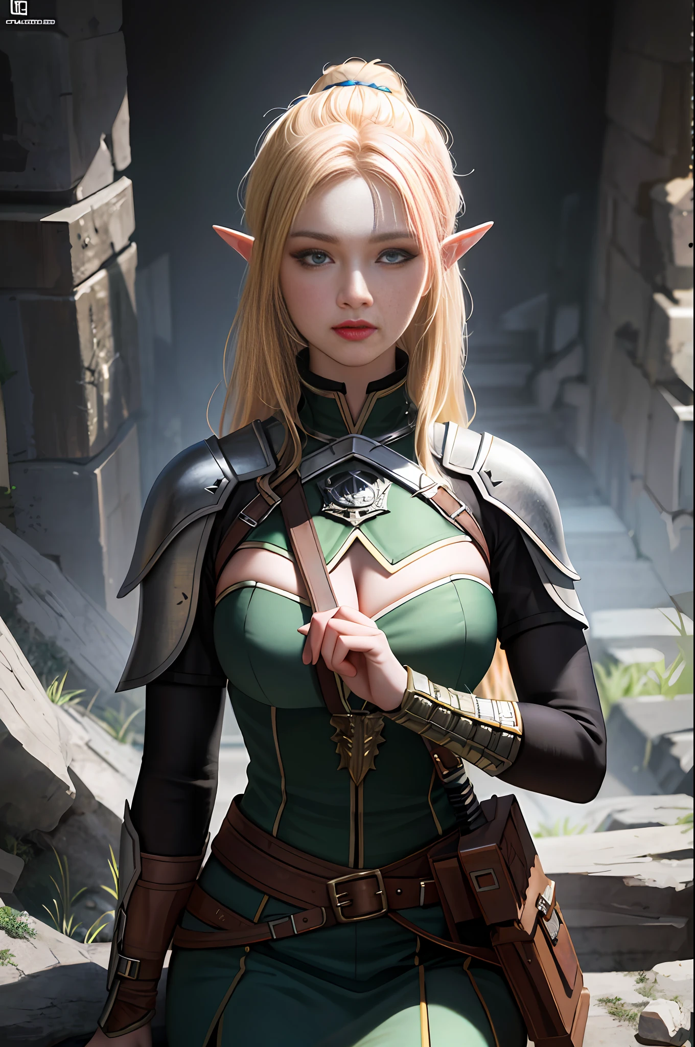 looking at viewer, half body angle, cave background, movie still, chiaroscuro lighting, Rembrandt lighting, female hunter, Wearing archer clothing, with totem painted on face and arms, elf blonde long hair, huge breast, appropriate muscle definition, half-kneeling on the ground, heroic posture, realistic style,(8k, RAW photo, best quality, masterpiece:1.2), (realistic:1.3), (photorealistic:1.3), detailed facial features, ultra-detailed, Masterpiece, realistic lighting, best quality, masterpiece,best quality,extremely detailed CG unity 8k wallpaper,on artstation