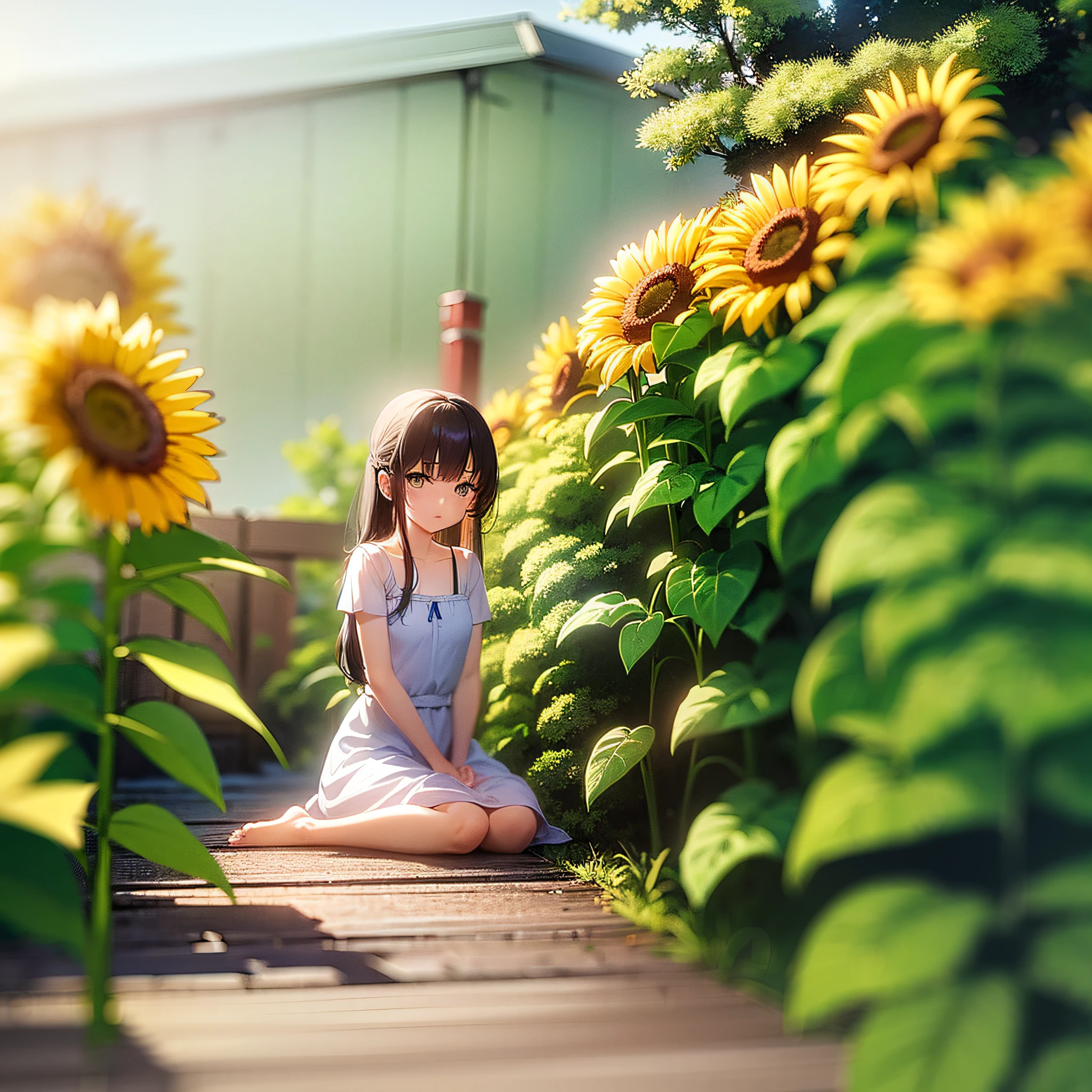 (8k, RAW photo, top quality, masterpiece: 1.2), narrow wooden walkway along the edge of the house facing the garden, girl sitting, petanko sitting, Japan girl, cute, , sundress, depth of field, garden is lawn with 5 sunflowers blooming, movie lighting, lens flare, sheer clothes, three-point split composition