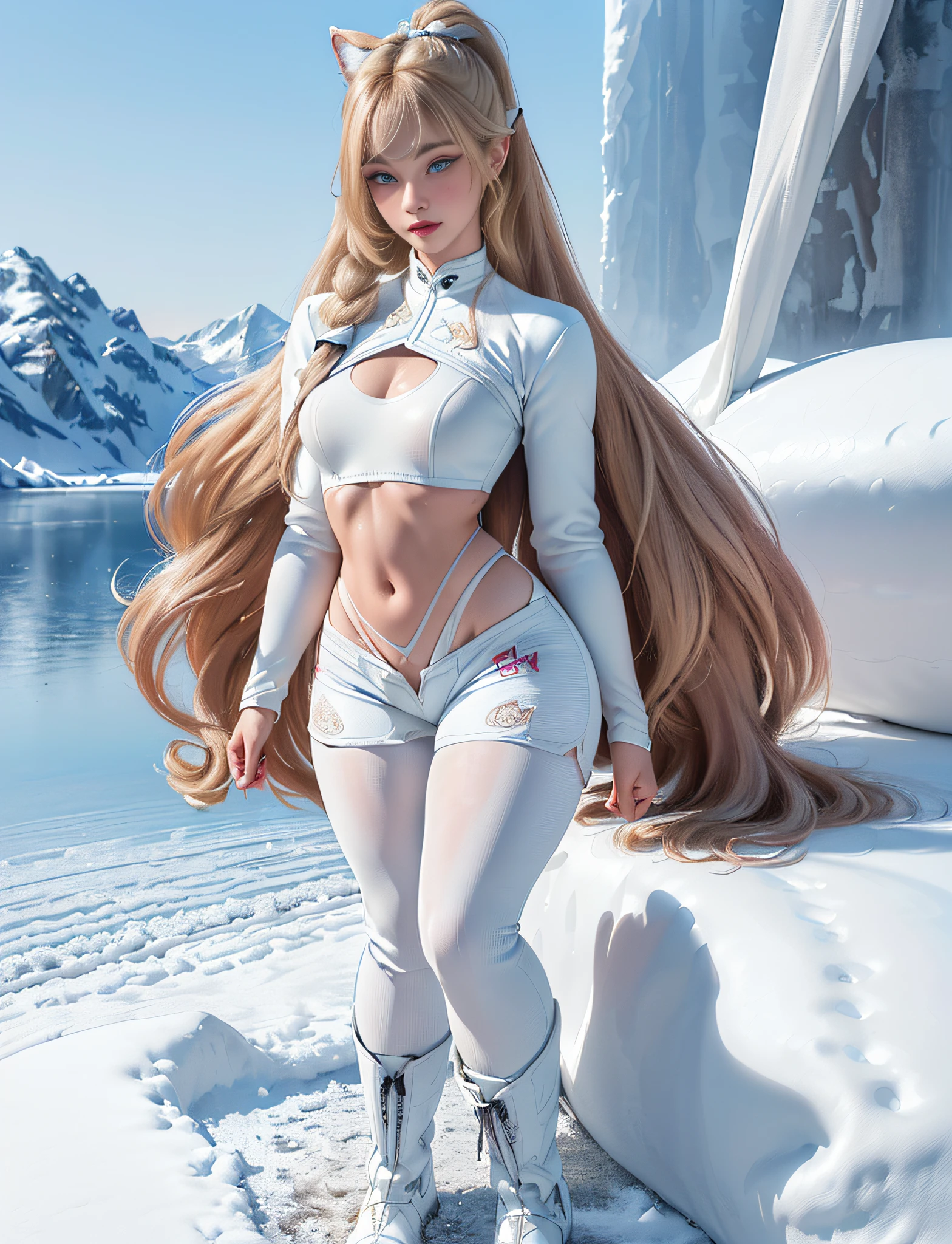 ((very detailed RAW color photo)), (((1 girl))), (((alone))), (((30 years))), ((athletic)), ((very defined toned physique)), ((very defined and beautiful muscular body)), (((very detailed perfect body))), (((small and defined breasts))), (((ultra defined curves))), (((superior quality, 8k, masterpiece: 1.3)), sharp focus: 1.2, (((extremely beautiful girl with perfect figure: 1.4))), ((very thin waist: 1.2)), ultra detailed skin texture, ((perfect and beautiful hands)), ((smooth and soft skin)), (ultra detailed fabric texture), extremely beautiful face ultra detailed, (((extremely beautiful))), ultra detailed, (((girl wearing a white snow jacket and white snow shorts with hiking boots))), (((modern and futuristic suit))), (((extremely long curly blonde hair))), extremely beautiful, (((extra long ponytail with bangs))), ((very detailed and beautiful wolf ears)), (hair on the face), ((hair ribbon)), dynamic pose, ((uniform leaves thighs exposed)), ((ultra detailed and toned legs)), (((ultra detailed waist))), (((very wide hips))), (((very thick and toned thighs))), (sexy), (((extreme hourglass figure))), (((very thick heart lips))), (((red lipstick)), ((ultra detailed lips)), ((ultra detailed blue eyes)), ((angry look)), (((staring at the viewer))), ultra detailed provocative mouth, extremely beautiful seductive lips, ((blushing)), (makeup), (((ultra defined waist))), eye shadow, (full body shot), with a frozen lake in the background