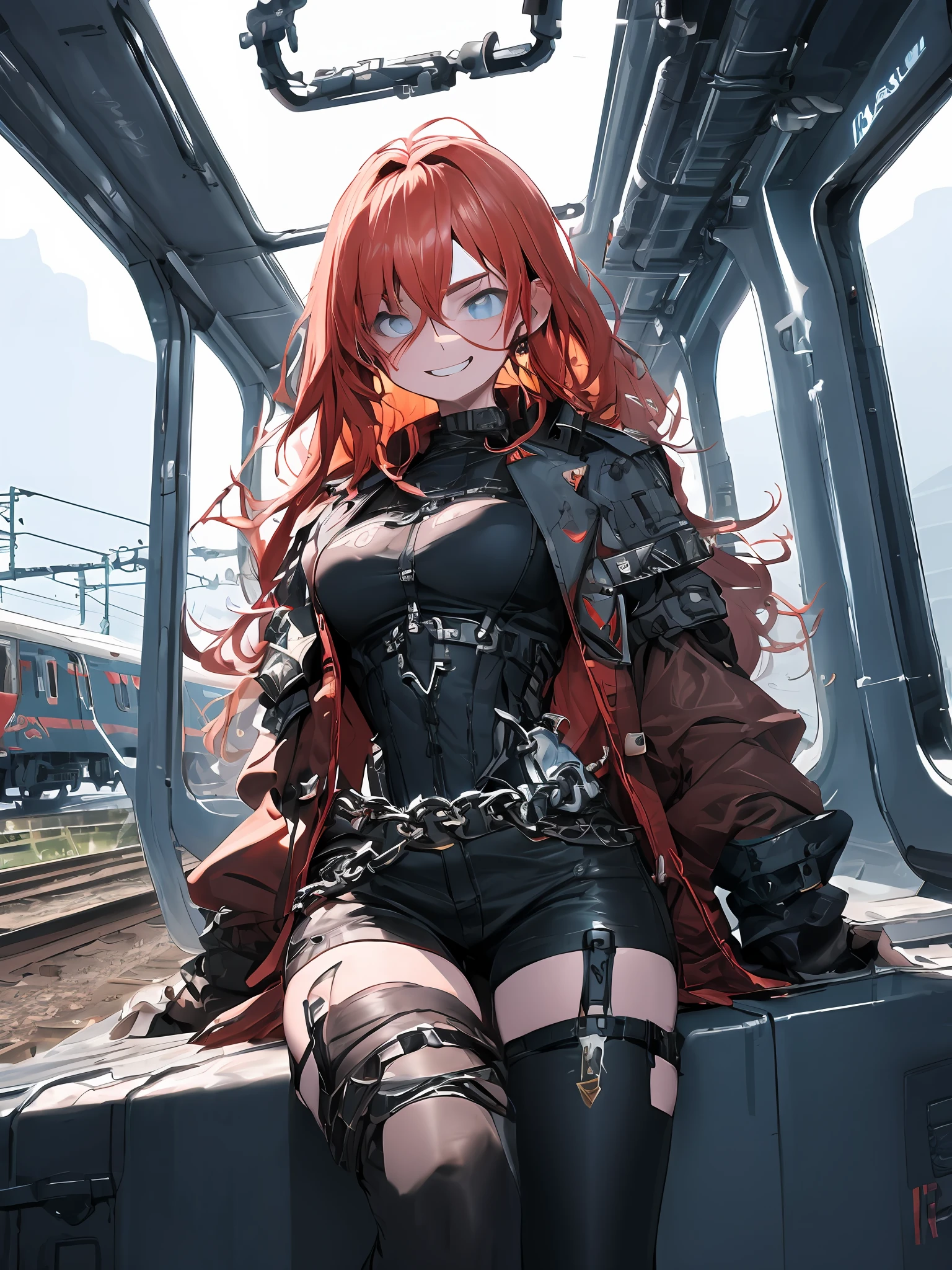 absurdres , highres, ultra detailed, (1girl:1.3), messy hair, long hair, red hair, black leather coat, gold chains, grin, ((thigh high black jeans)),((slim fit shirt)), sliver belts, BREAK , (Ruined train yard), Light on her, Tyndall effect, Dusty air, Broken windowpanes, strong shadow, strong light, belts hanging from the waists, insane eyes, bright blue eyes, face scar,chain mace , abs, glowing jewels, ammo belts, medium breasts, boob window, chains on the ceiling, chandelle, robotic eye, overgrown, wide angle, ((on roof broken train)), far away, leather seats, standing, warm lighting, smoke, fields outside the window, sitting,
