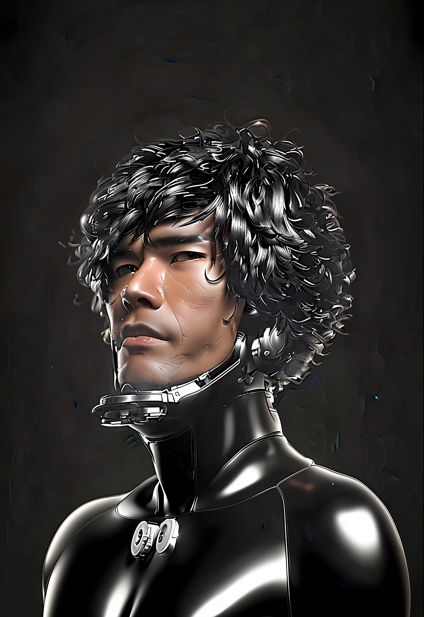 (8K, Ultra HD, DSLR, high quality, cinematic lighting) 35 year old men, Japanese,brown skin, realistic face detail, black latex suit, (white color background).