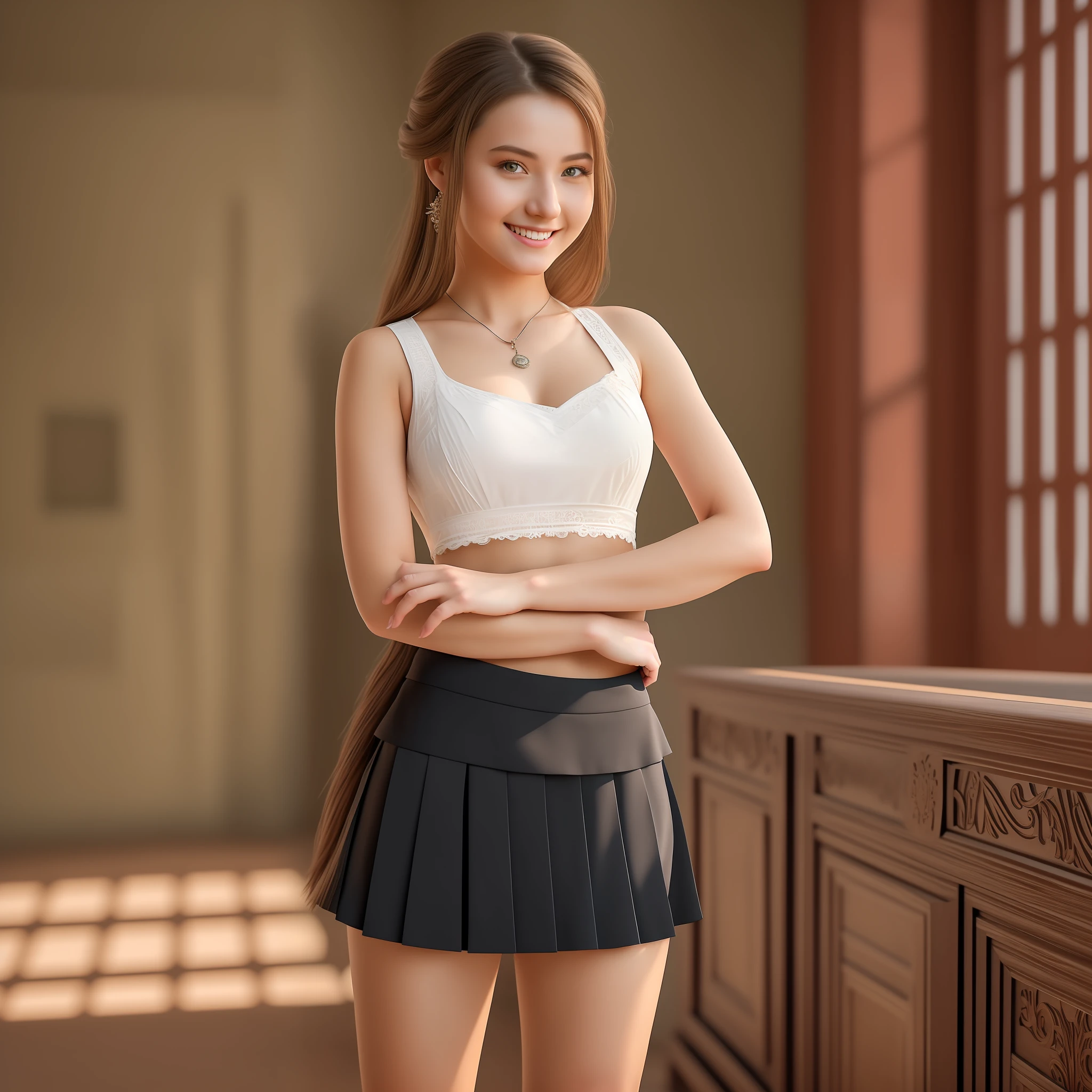 masterpiece), best quality, realistic, ultra-detailed CG, 8k HDR wallpaper, portrait of a beautiful 23-year-old Hungarian girl named Bobungda Tuni, wearing a skirt, full-body pose, eye-catching smile on her face, isolated from the background, alone, single image