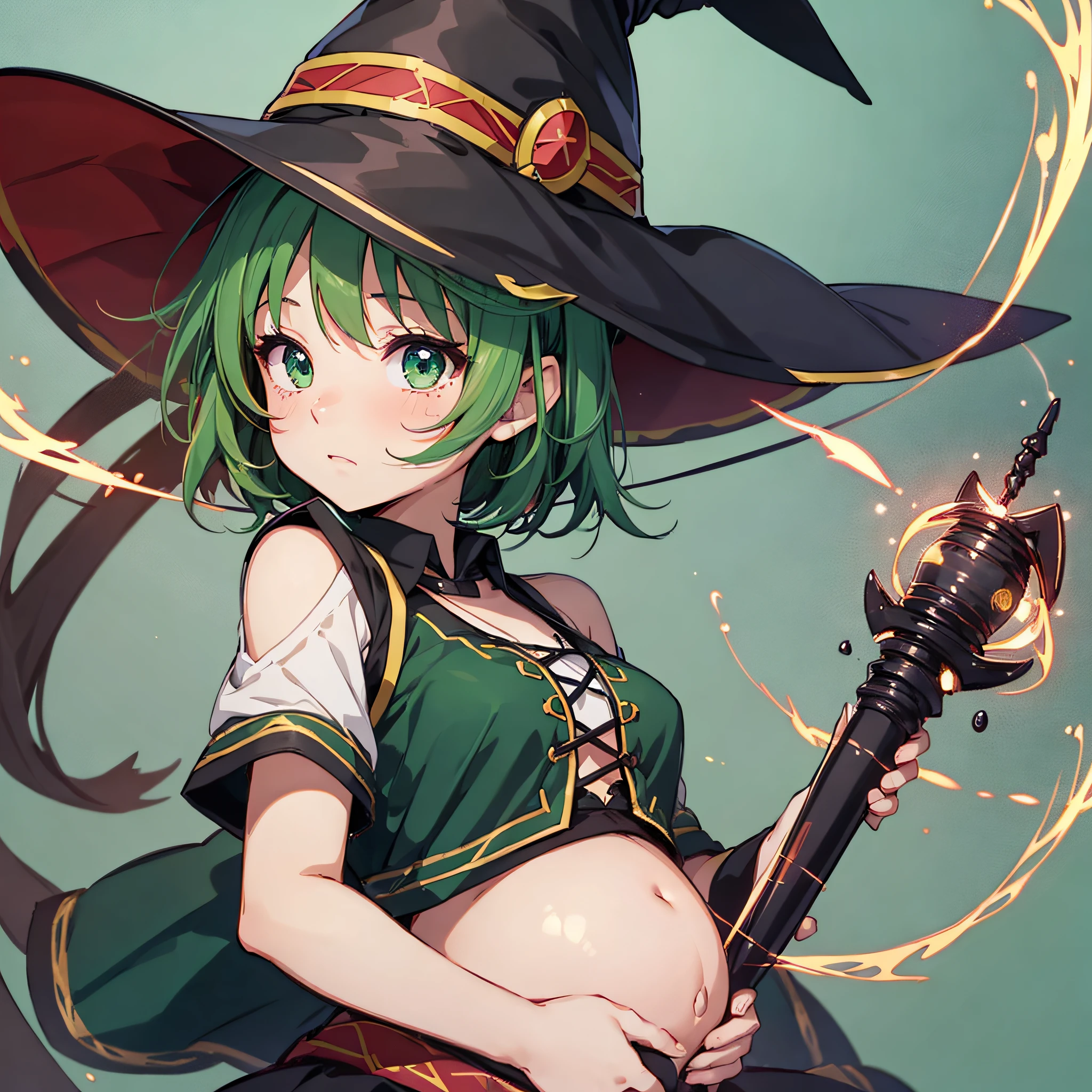 1girl, solo, short sleeve, green eyes, looking at viewer, face about to cry,, simple background, heart 1girl,( steam, string, megumin, witch hat, red dress, magic wand,pregnancy, whole body --auto --s2
