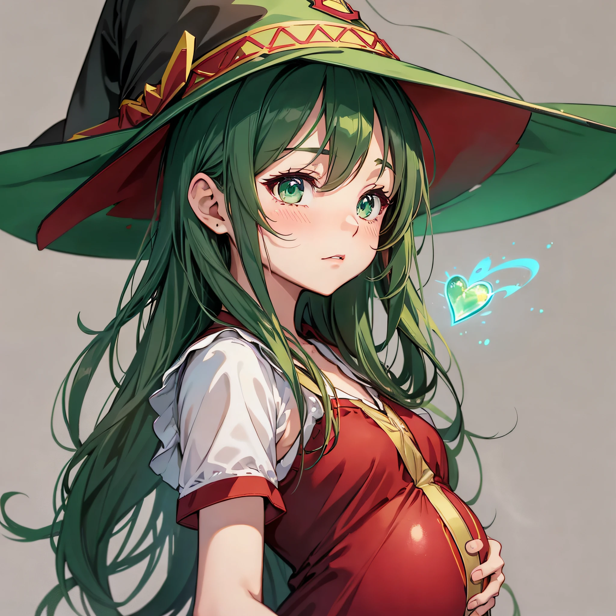 1girl, solo, short sleeve, green eyes, looking at viewer, face about to cry,, simple background, heart 1girl,( steam, string, megumin, witch hat, red dress, magic wand,pregnancy, whole body --auto --s2