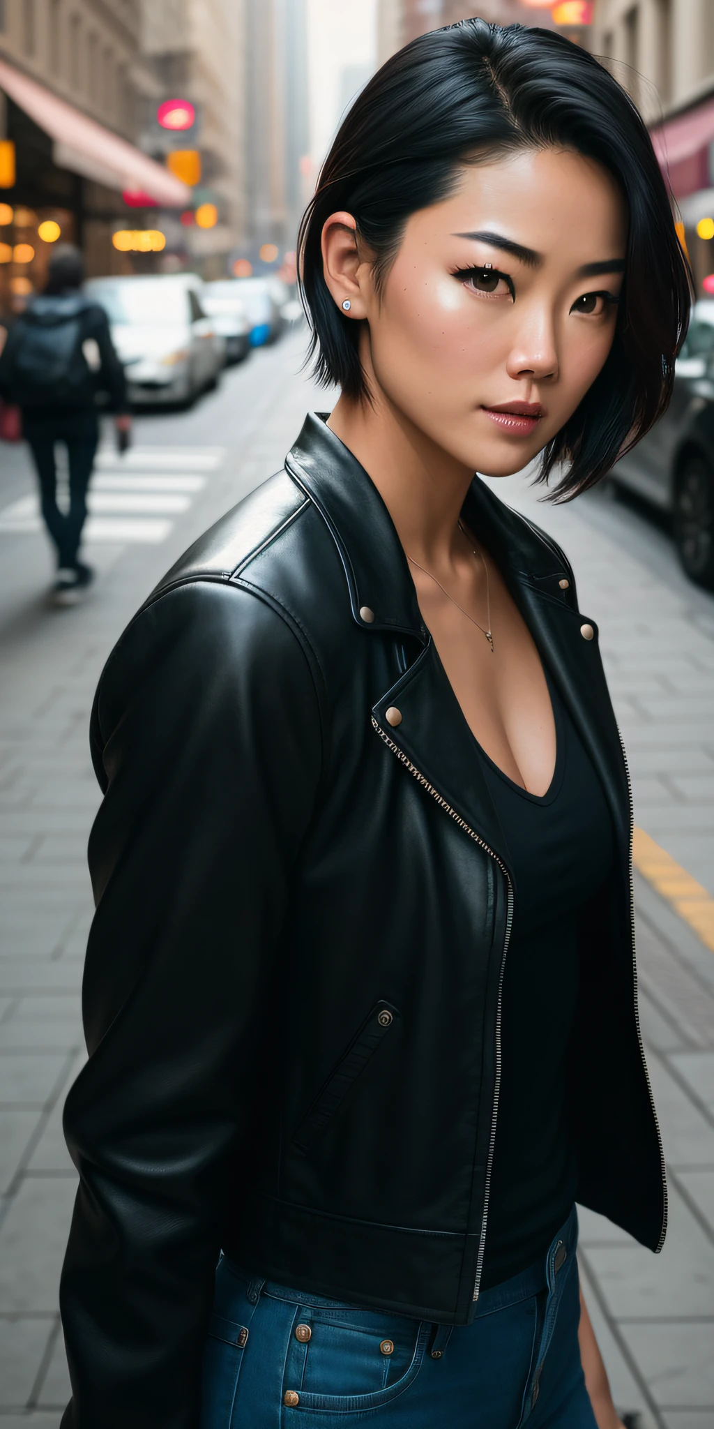 Full face portrait photo of a 30-year-old girl, RAW, Grace Park, Kelly Hu, Chloe Bennet, beautiful woman, semi-open strawberry lips, dimples, wistful look, (short black hair), ((detailed face)), ((detailed facial features)), (finely detailed skin), pale skin, wearing leather jacket, black tank top, black yoga pants, park environment, (cool colors), damp, damp, reflections, (masterpiece) (perfect proportion)(realistic photo)(best quality)  (detailed) shot on a Canon EOS R5, 50mm lens, F/2.8, HDR, (8k) (wallpaper) (cinematic lighting) (dramatic lighting) (sharp focus) (intricate), RAW photo, RAW photo, gigachad photo, 8k uhd, dslr, high quality, grain film, Fujifilm XT3, film stock photography 4 kodak portra 400 camera f1.6 lens rich colors hyper realistic texture dramatic lighting unrealengine trend in artstation cinestill  800 tungsten, toughboy style, ultra focus face, intimidating, muscular,
