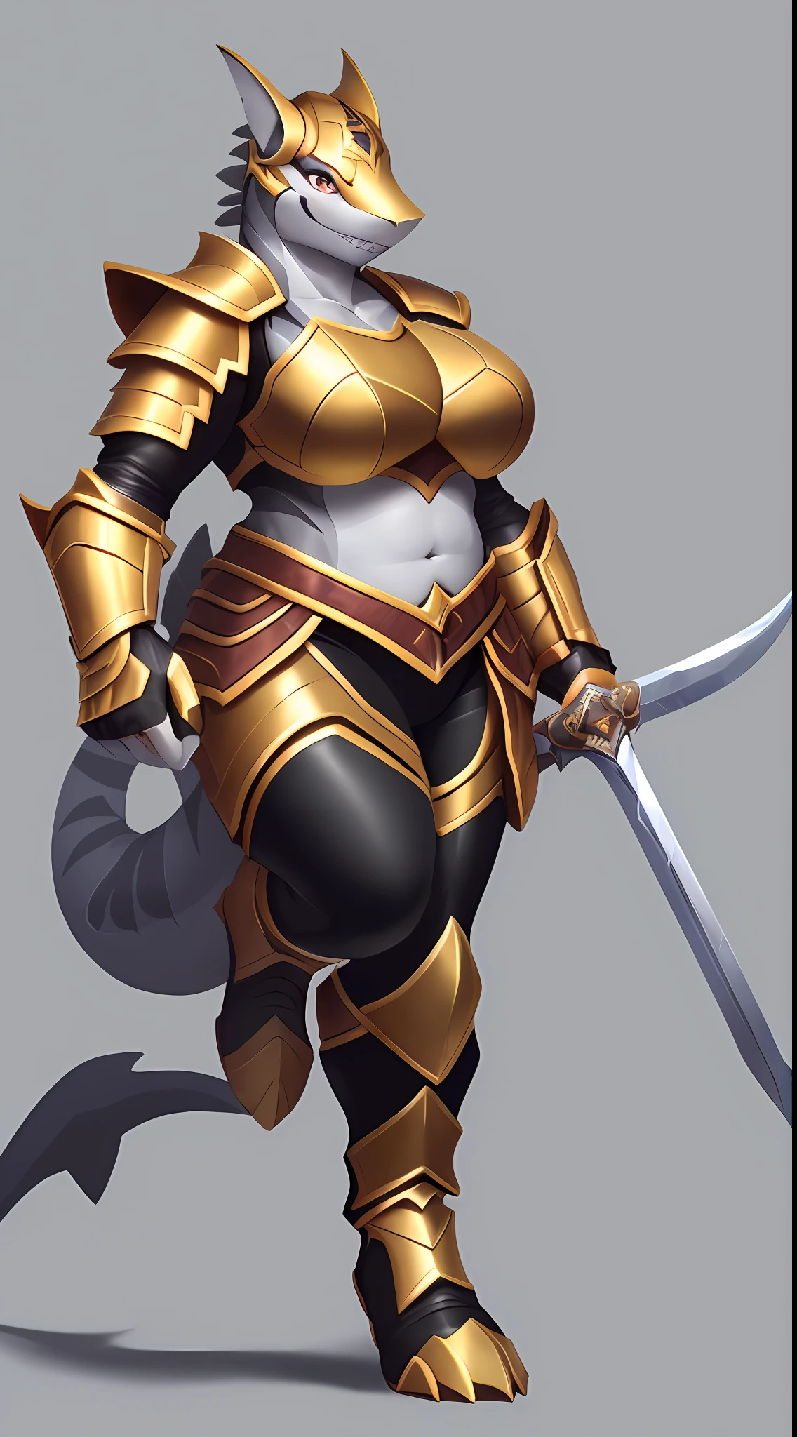 (Shark), anthro, (wearing gold top), (wearing gold armor leggings), high detail, high resolution, raw photo, gray background, 1girl, solo, big breasts, high quality, hi res, sharp, detailed body, detailed, cartoony, ((looking at viewer)), angry, mad, chubby, muffin top, whole body, ((full body portrait)), far away, (((full body concept))), attack pose, battle pose, sword pose, ((holding sword)), Medieval, rpg, wearing helmet, wearing mask