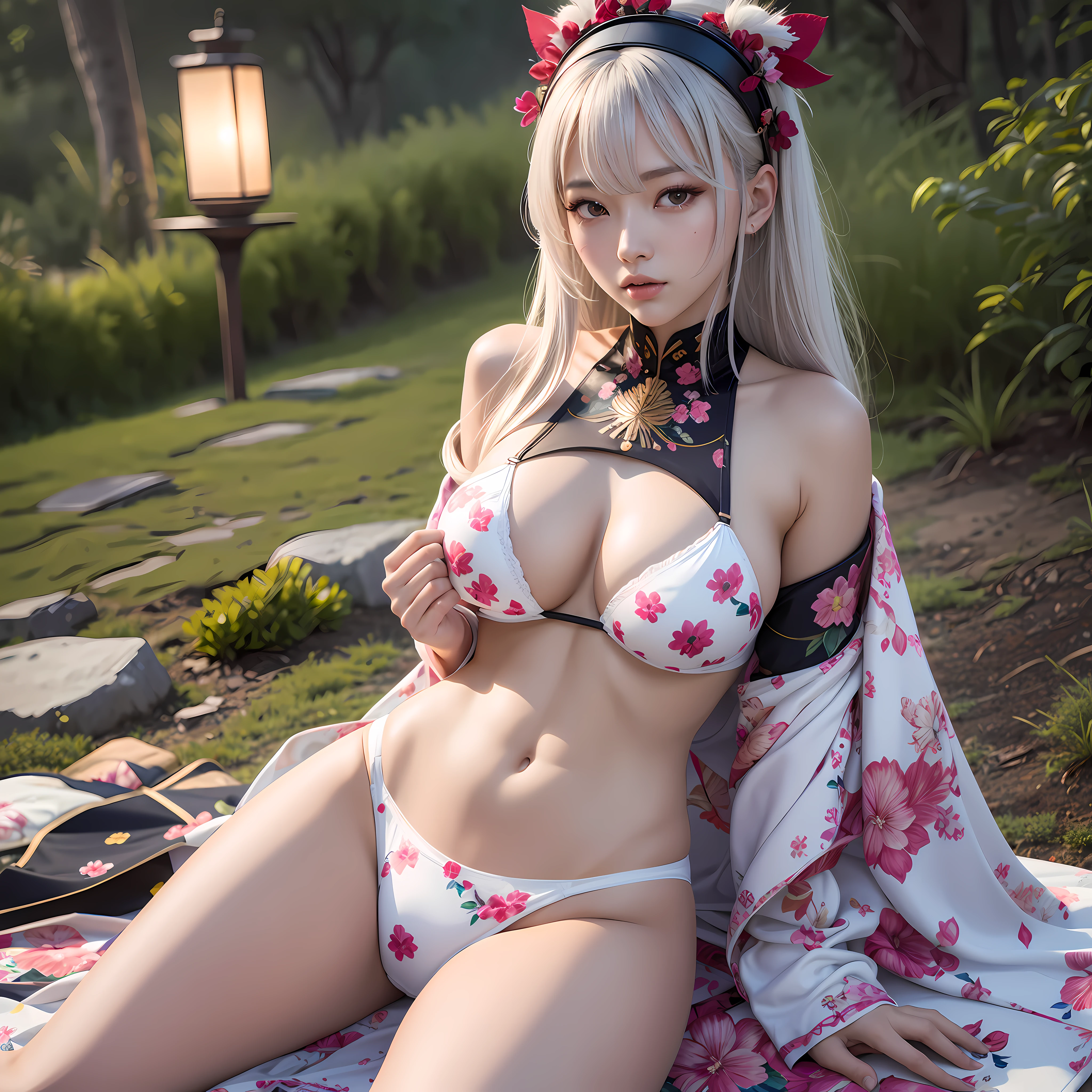 Musashi,fgo,ai, aiart, aiartcomm, aiartist, aiartwork, aigeneration, aiphotography, aisexy, aiwoman, algorithm, algorithmart, artoftheday, beautifulwomen, chracterdesign, dailyart, digitalart, digitalartist, generativeart, gorgeous, hot, hotmodel, unparalleled masterpiece, ultra realistic 8k CG, perfect artwork, ((perfect female figure)),1girl, (ulzzang-6500:1), kpop idol, best quality, (looking at viewer:2),game cg,\nblurry background,outdoors,shiny skin, sitting,((( large breast,upper body,closed mouth))),\nSaber3, Final Costume, leaf print, petals, long hair, night, panties, white panties, floral print, underwear,