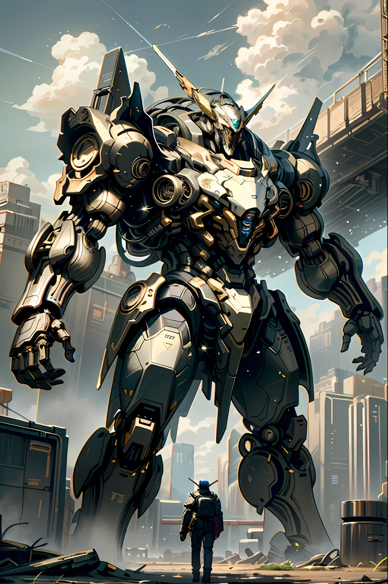 Dark_Fantasy, cyberpunk, (highest quality, masterpiece), mechanical wonders, state-of-the-art big robots, state-of-the-art big mechs, top quality digital art, stunning art, highly detailed, black and gold, top quality digital art, mecha, sky, clouds, pitch black, sci-fi