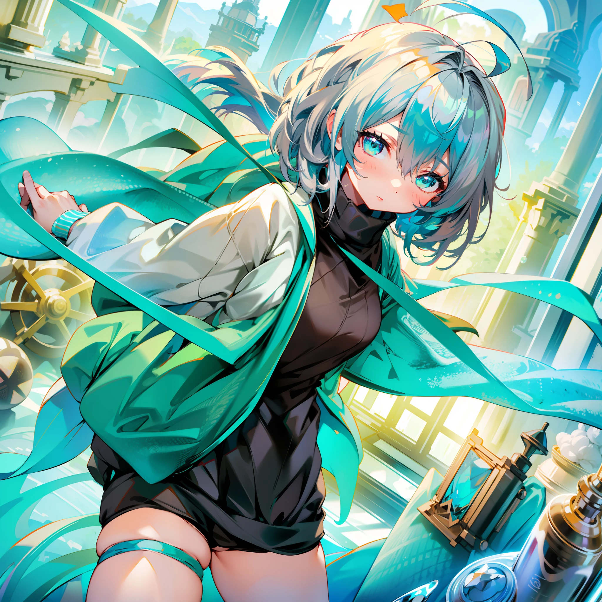 UHD, retina, masterpiece, accurate, anatomically correct, super detail, high details, high quality, award winning, best quality, highres, good , 1080P, HD, 4K, 8k, 16k, 1girl, upper body, (medium white hair, teal eyes, ahoge), ((wearing a black oversized sweater, wearing no shorts, sweater covering thigh))