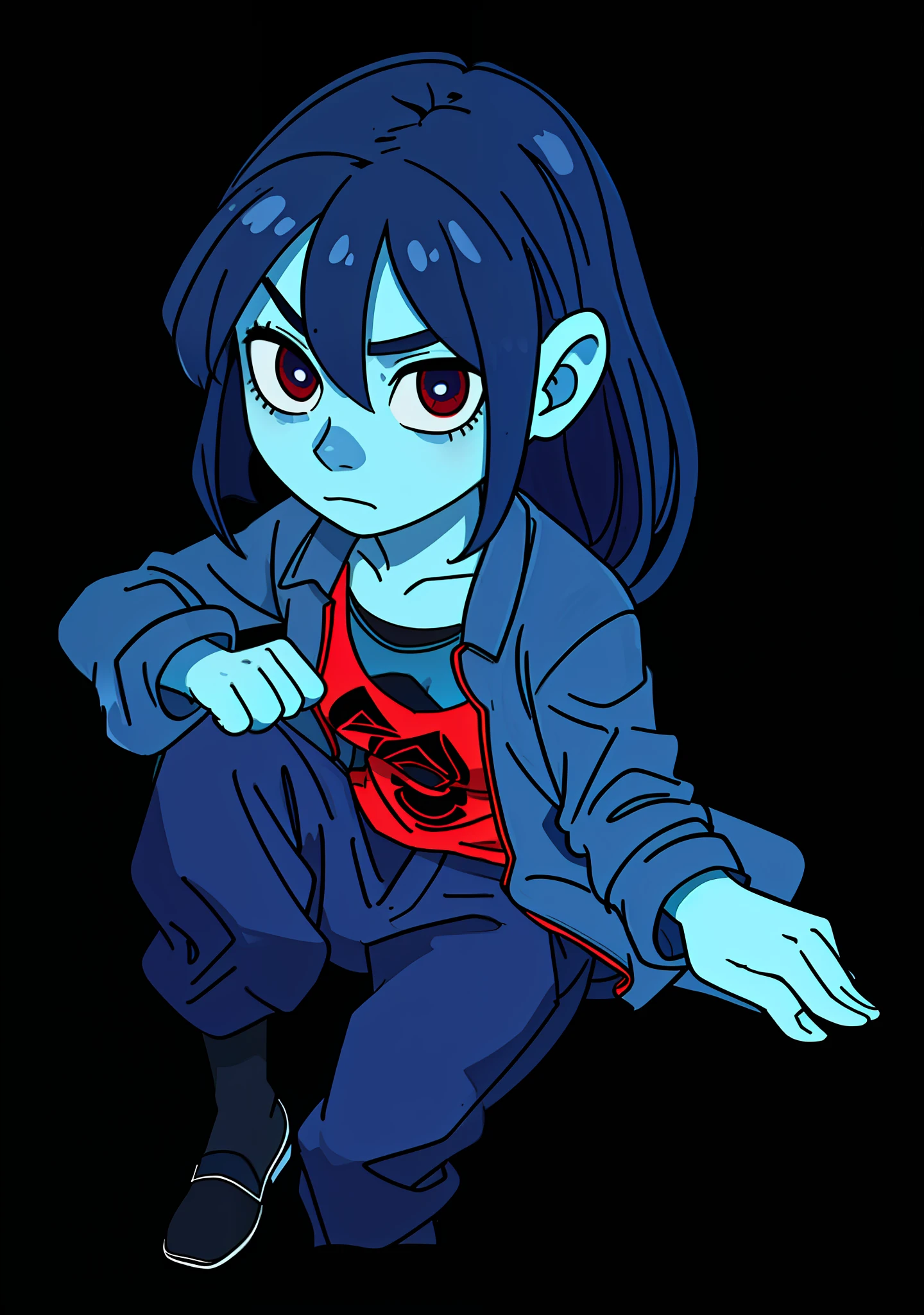 dark blue hair, blue skin, dark pants, expressionless, red eyes, sitting down, hd, highres