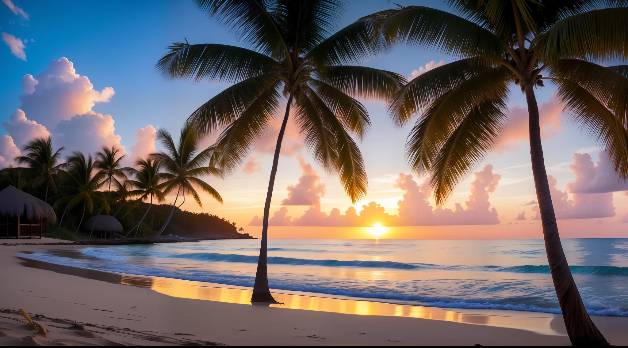 Arrapada view of a beach with palm trees and a sunset, which shows a beach at sunset, tropical beach paradise, tropical beach, tropical landscape, by Alexander Robertson, rendered in corona, breathtaking beautiful beach, by Luis Miranda, by Lucas Vorsterman, beach landscape, beautiful environment, beautiful beach, Caribbean, by Seb McKinnon, add a nightclub with people dancing