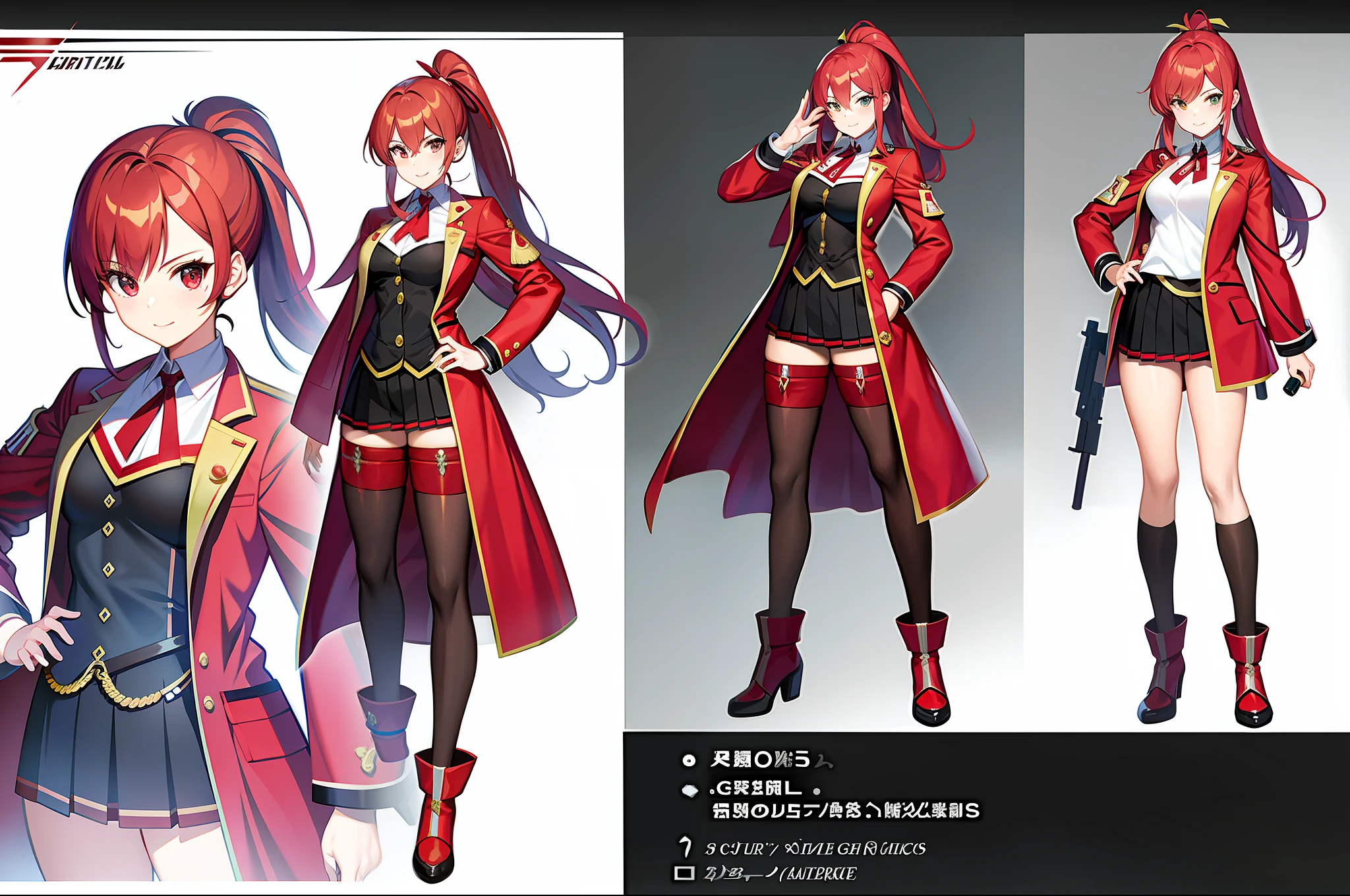 masterpiece,(best quality),anime girl in a red and white uniform with a gun, cushart krenz, female protagonist 👀 :8, cushart kenz, female magical anime. , sakura kinomoto, anime style character, anime character design, female anime character, katana zero video game character, sakura haruno, fullbody, ponytail, magicalgirl, jacket over uniform,red hair, ribbon on chest,( ( character concept art ) )