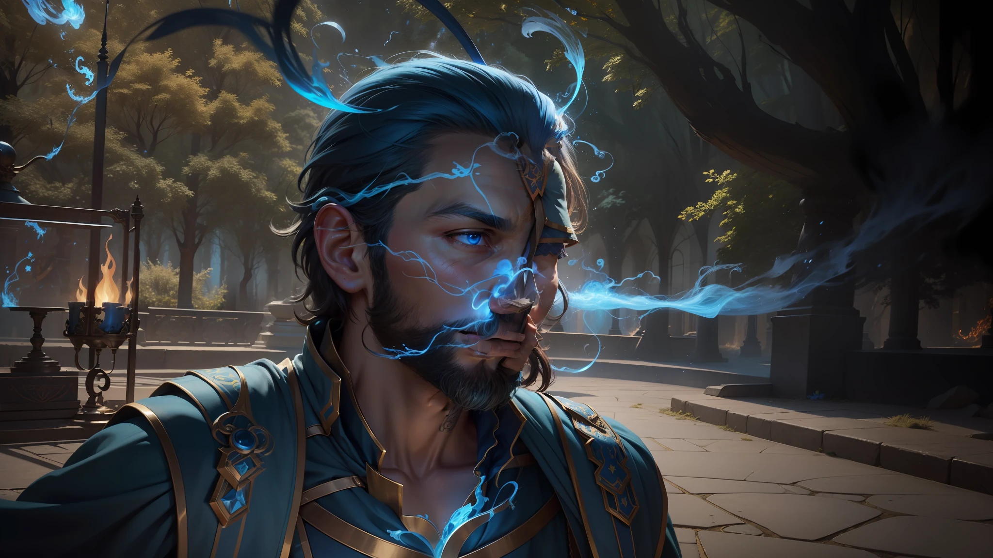 Use my face to generate an award winning cinematic shot of a male wizard, (full body character), wizard costume (blue and golden tunic), reading a magic book, (glowing blue flame swirling around:1.3)best quality, (masterpiece:1.2), ultra-detail, 8k, uhd, octane render, fantasy, (style-swirlmagic:0.7), realistic, photographic, cinematic composition, rule of thirds, slender, --auto --s2