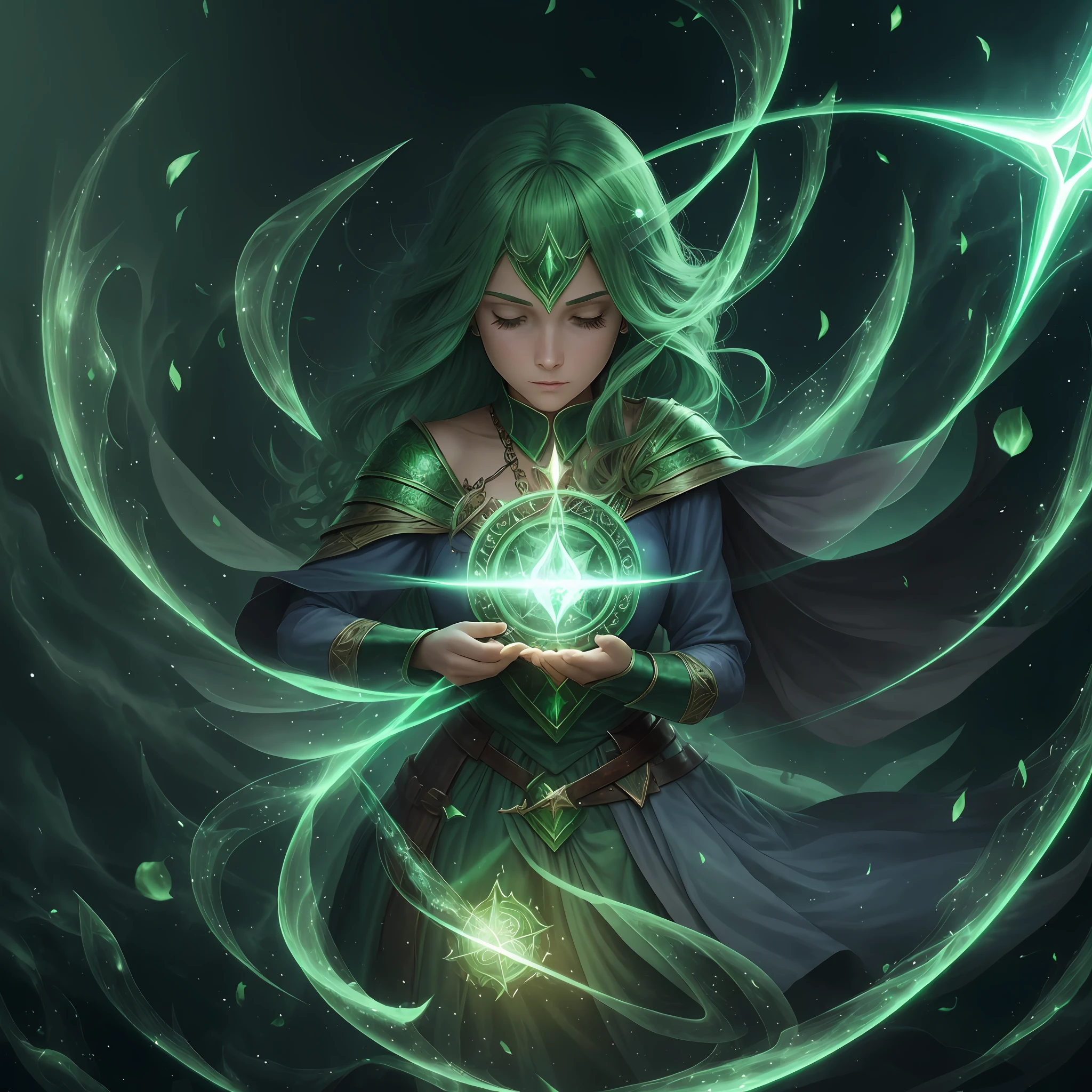 A powerful spell to create a magical barrier of protection, a woman using green magic to summon a magical shield perfect for a fantasy world.