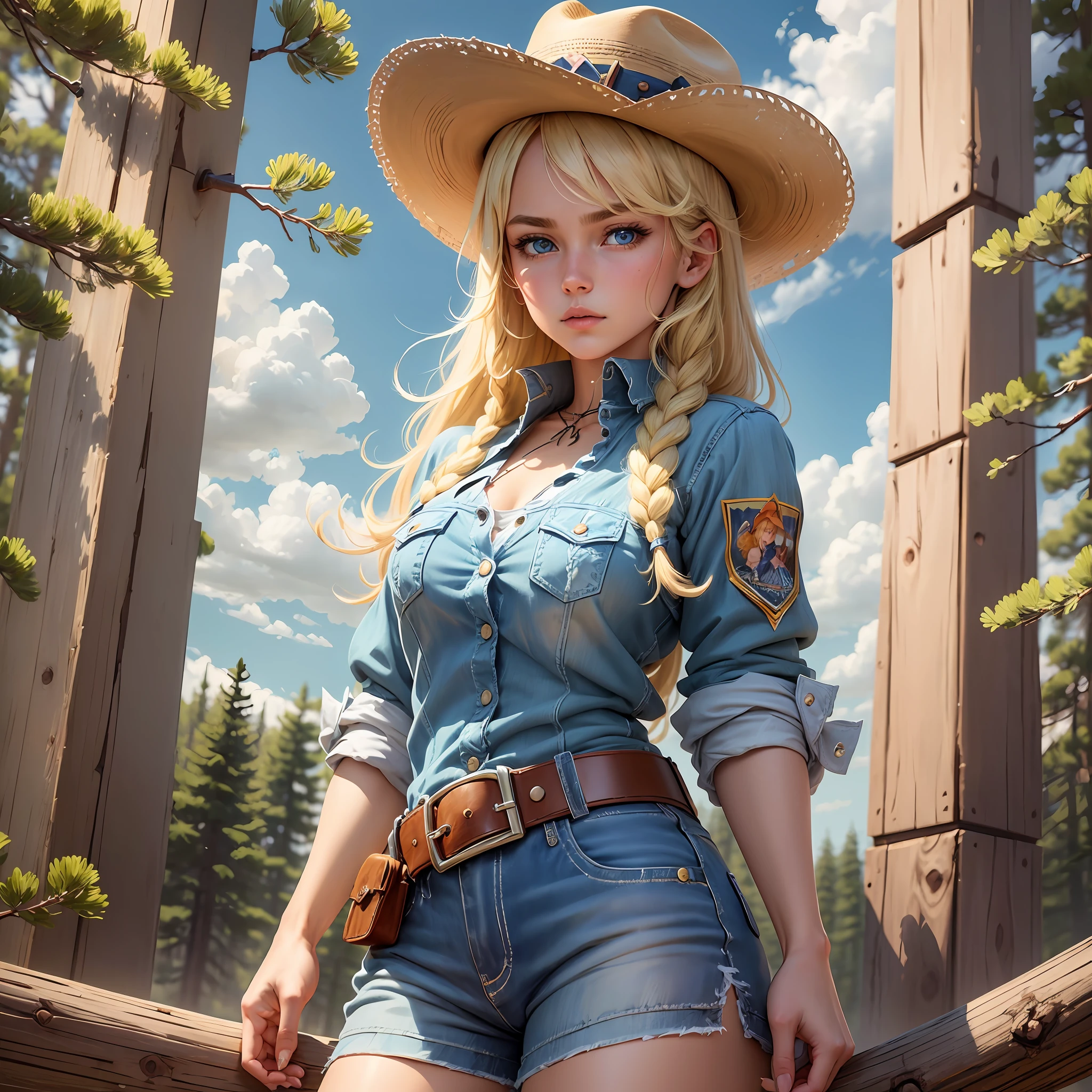 (best quality+masterpiece), highly detailed coloring book style, cute and beautiful cowgirl, cowboy hat, blue eyes, blonde hair, latigo on belt, pistolat:0.8, pine forest:superimposed. --auto --s2
