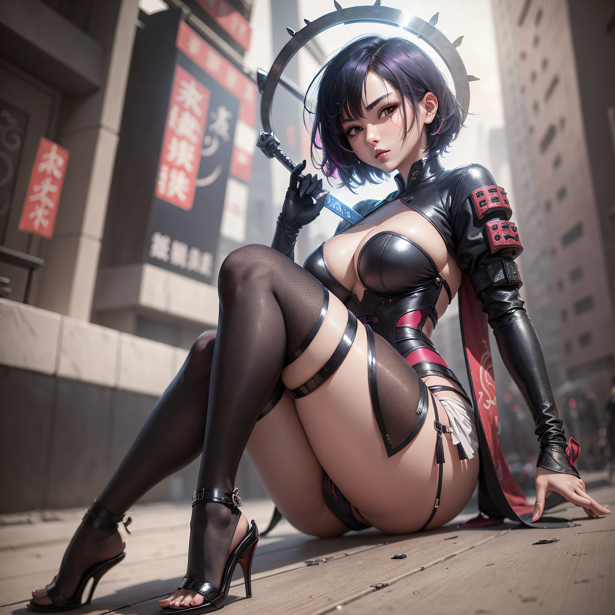 A woman, white skin, short hair and unkempt, blush, cute, breasts, Chinese Hanfu, cyberpunk, holding a big sword, extremely seductive face, long legs, black stockings, high heels, colored hair color, best light, best shadow --auto --s2