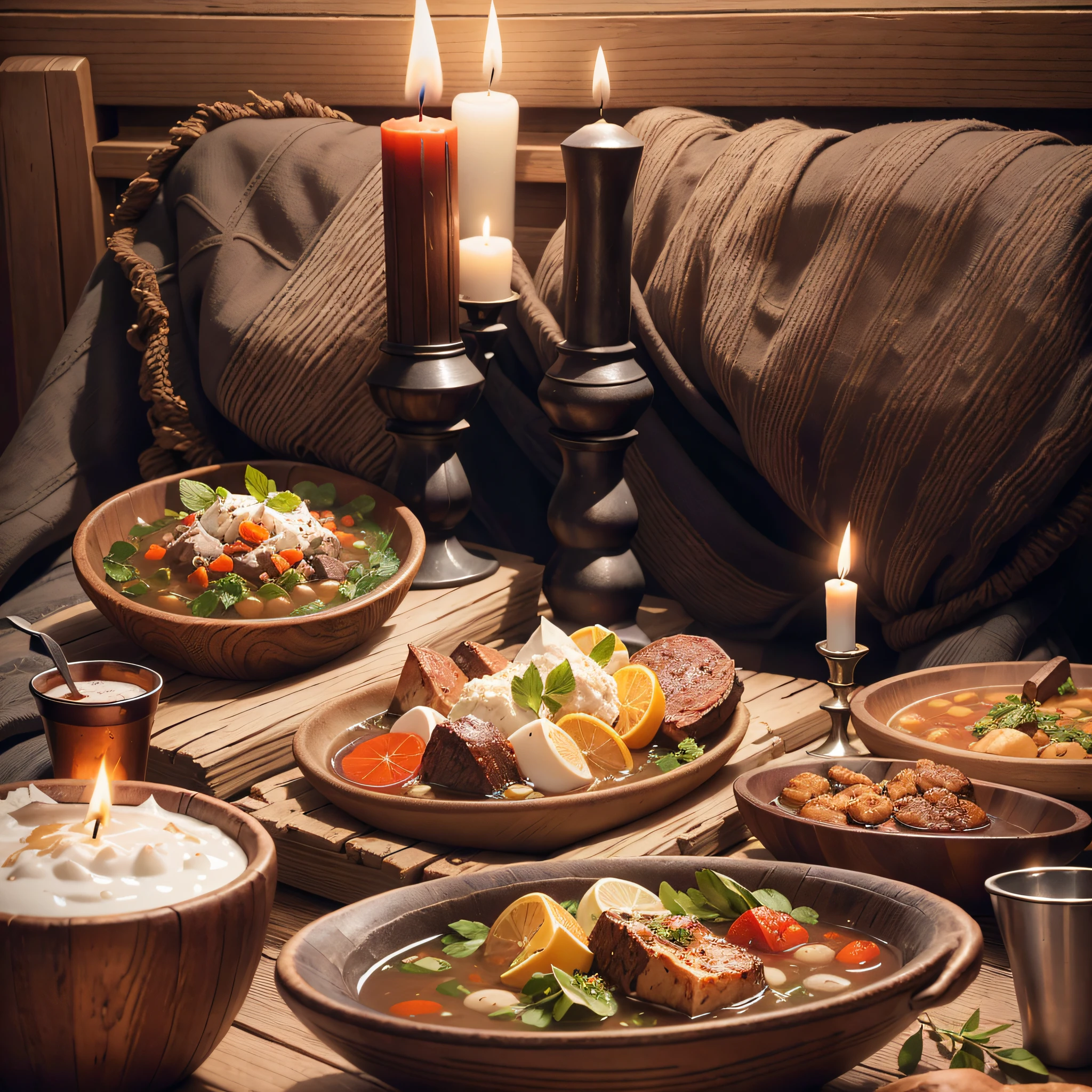 people sitting together at a rustic solid wood table in a restaurant, shareable wooden bench, white wall, wooden floor, dimly lit cozy tavern, in a medieval tavern at night, medieval tavern, a multidimensional cozy tavern, inside a tavern, metal candlestick, lit candles, vase with dried flowers, stone plates with stew,  dark stone plate,black plate,plate made of stone,dark dish,medieval soup,medieval food,animal fur towel,realistic,best quality --auto --s2