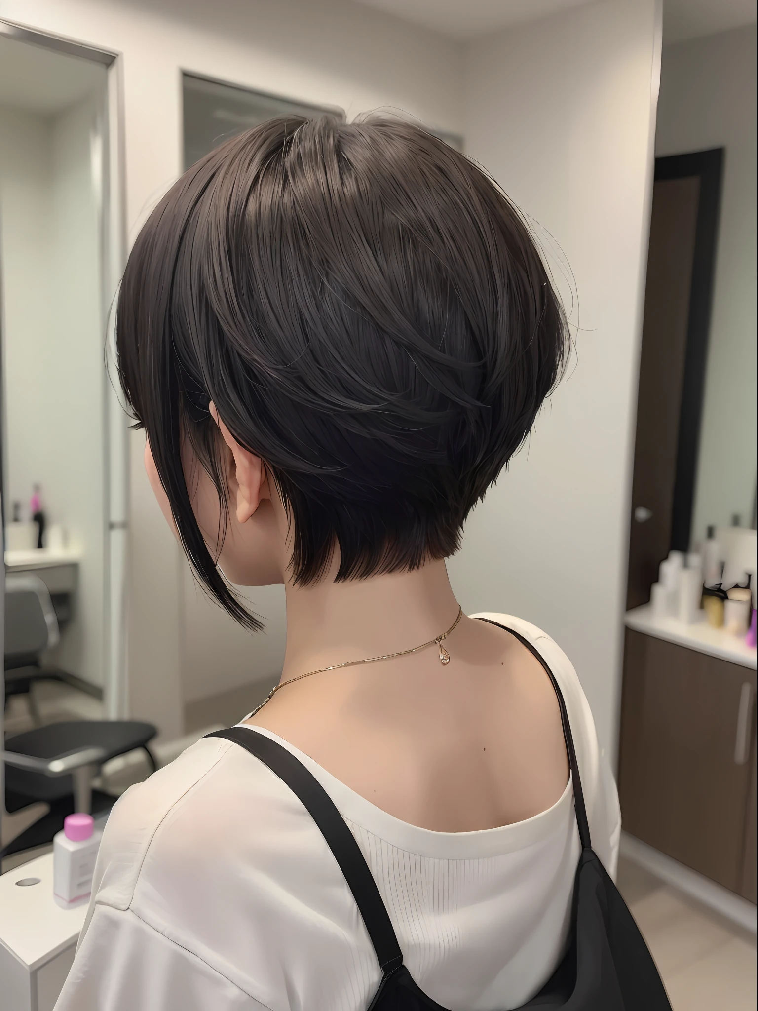 One girl, beauty salon, short bob, back figure, neat, black hair