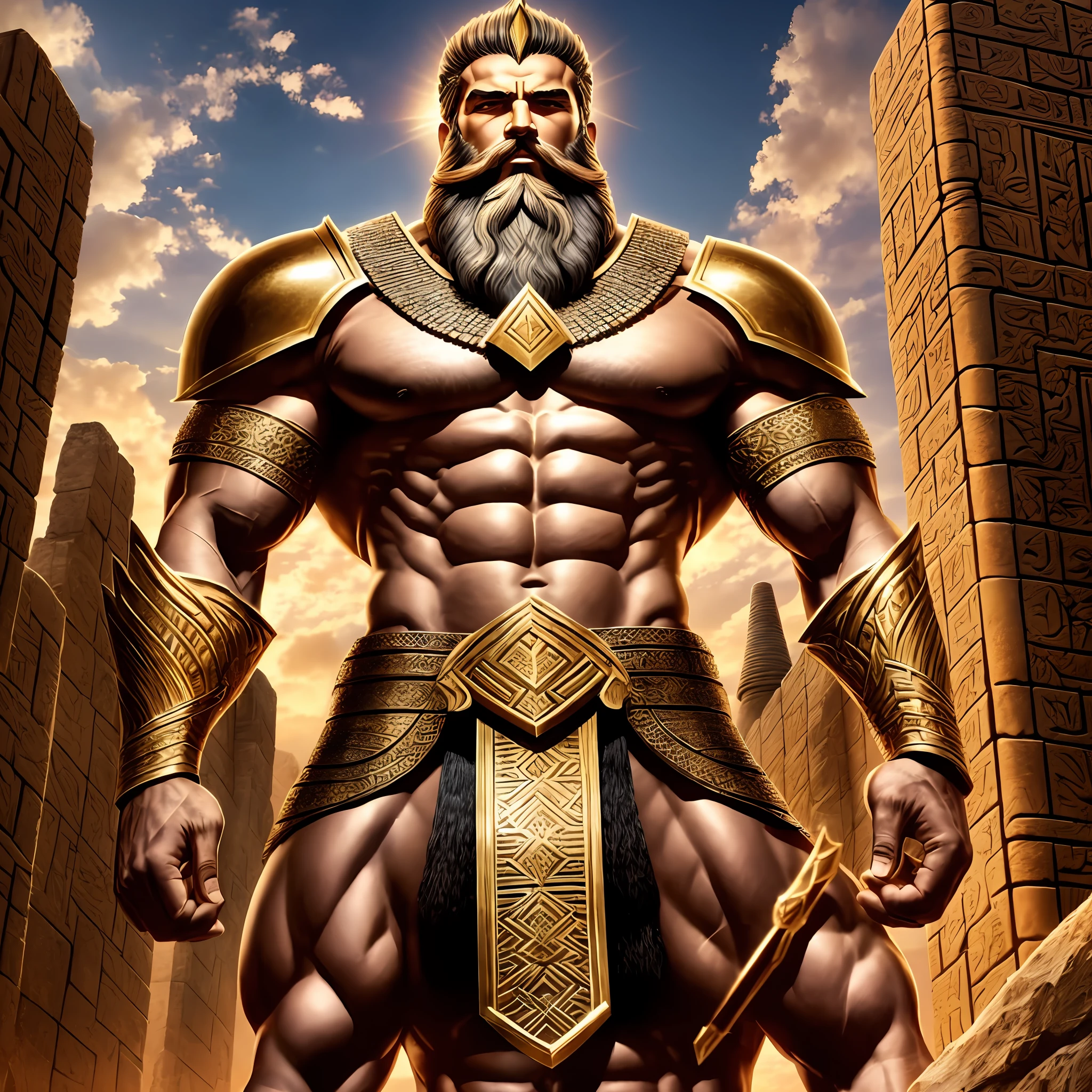 Gilgamesh with his muscular body and imposing beard with his armor on top of the ziggurat contemplating the magnificent ancient city of Babylon --auto --s2