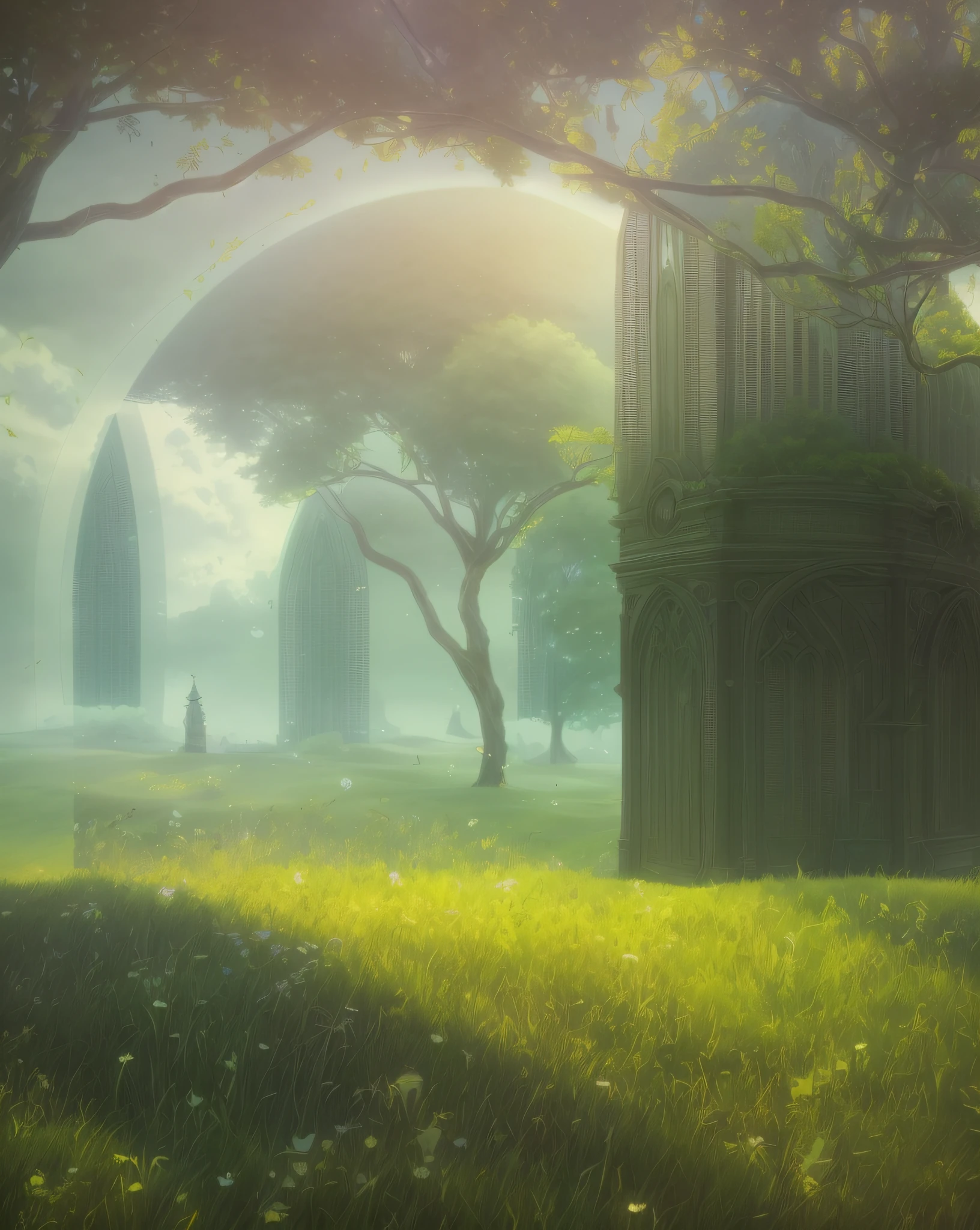 there is a tree that is standing in the grass by a building, beautiful render of a landscape, beautiful render of a fairytale, dreamy scene, dreamy landscape, art nouveau octane render, realistic fantasy render, atmospheric render, inspired by Gediminas Pranckevicius, beautiful octane render, daily render, surreal 3 d render, fantasy style 8 k octane render