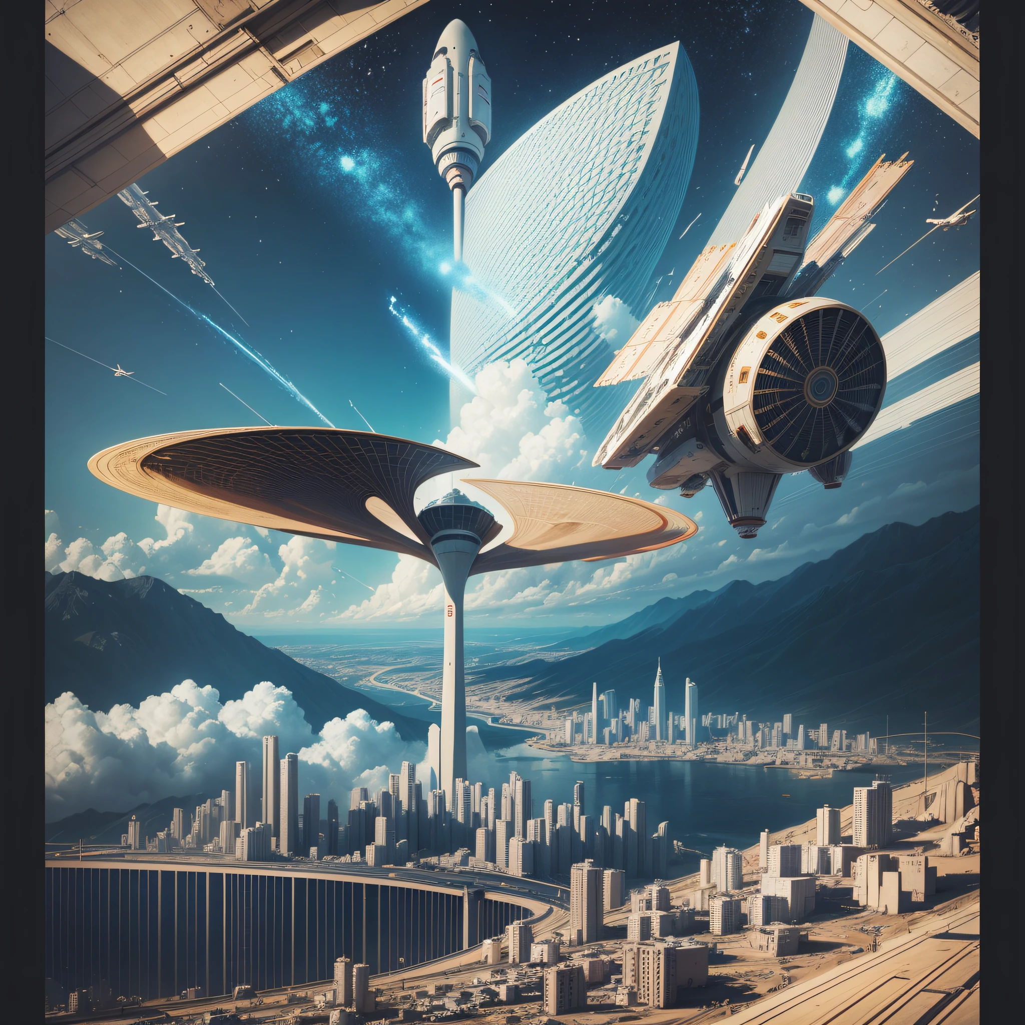 Urban architectural landscape with workers, Art Nouveau style, ultra-wide vision of urban landscape, sci-fi architecture that breaks through imagination, sci-fi blockbuster déjà vu. There are planes in the sky. There are missiles in the sky. There are rockets in the sky. There is a space station in the sky. There are satellites in the sky. There are Chinese astronauts in the background. --auto --s2