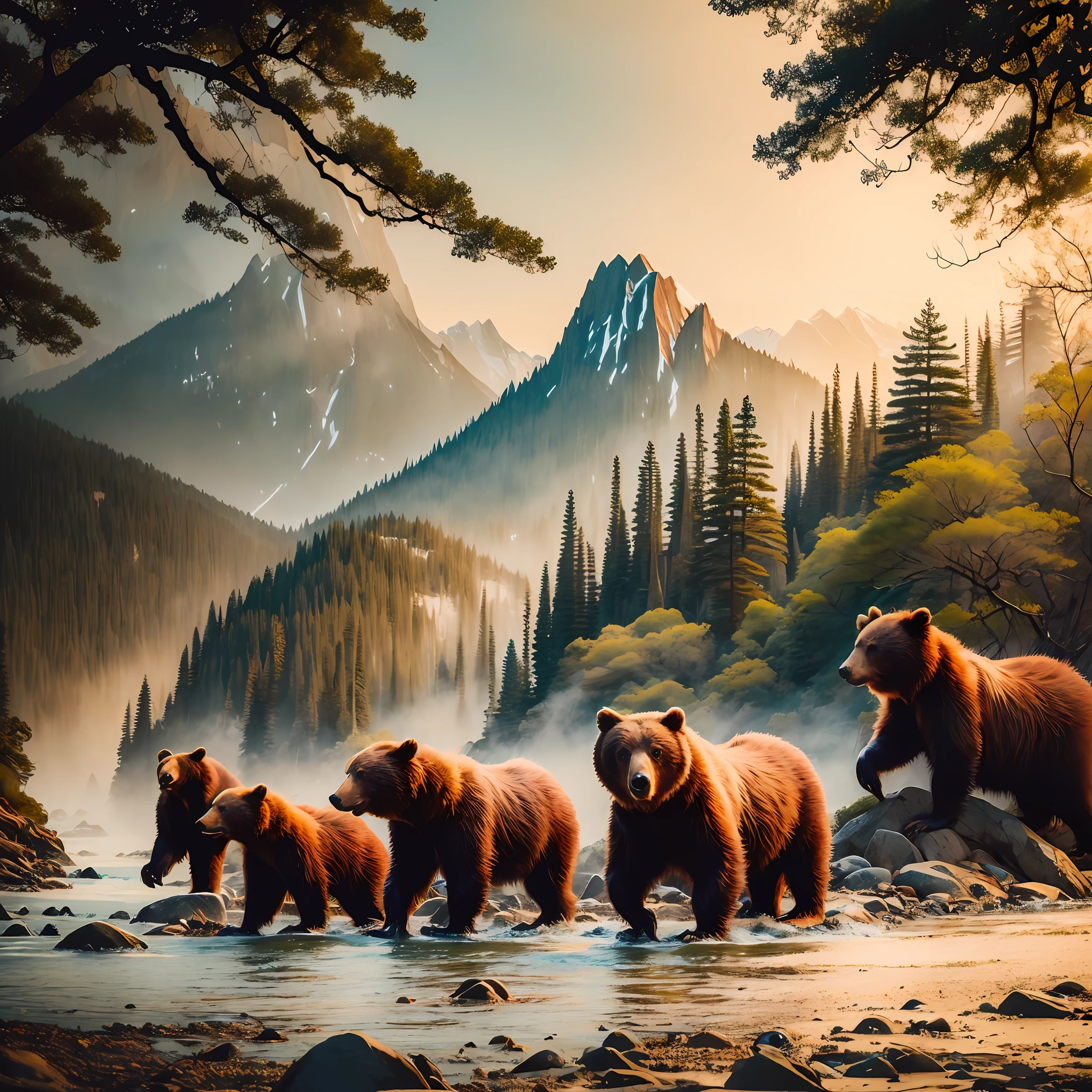 ((masterpiece)), best quality, (8k, best quality, masterpiece: 1.2), ultra-detailed, a herd of bears walking along a river in a mountain valley.