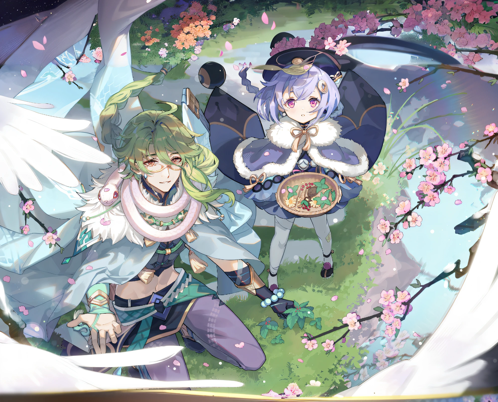 anime characters in a circle with a background of flowers, official artwork, from touhou, genshin, art style of rune factory 5, anime fantasy illustration, onmyoji detailed art, high detailed official artwork, shirabii, rune factory 5, touhou project official artwork, official art, touhou project, detailed fanart, anime in fantasy style