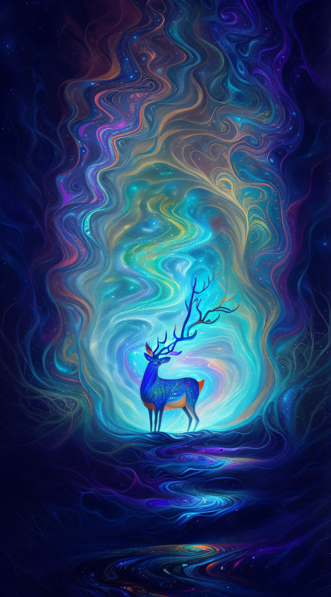 (Psychedelic painting of a deer standing in front of a colorful swirl), ((multiple antlers, stag, big head)), bright colors, thick lines, waves, multiple layers, foreground, perspective, fractal Thunder Dan Mumford , Dan Mumford and Alex Gray style, psychedelic surreal art, surreal psychedelic design, dream art style, illusion psychedelic art, infinite psychedelic waves, inspired by Cyril Rolando Rolando), realistic ripple structure, psychedelic art style, psychedelic art, psychedelic illustration -- V6