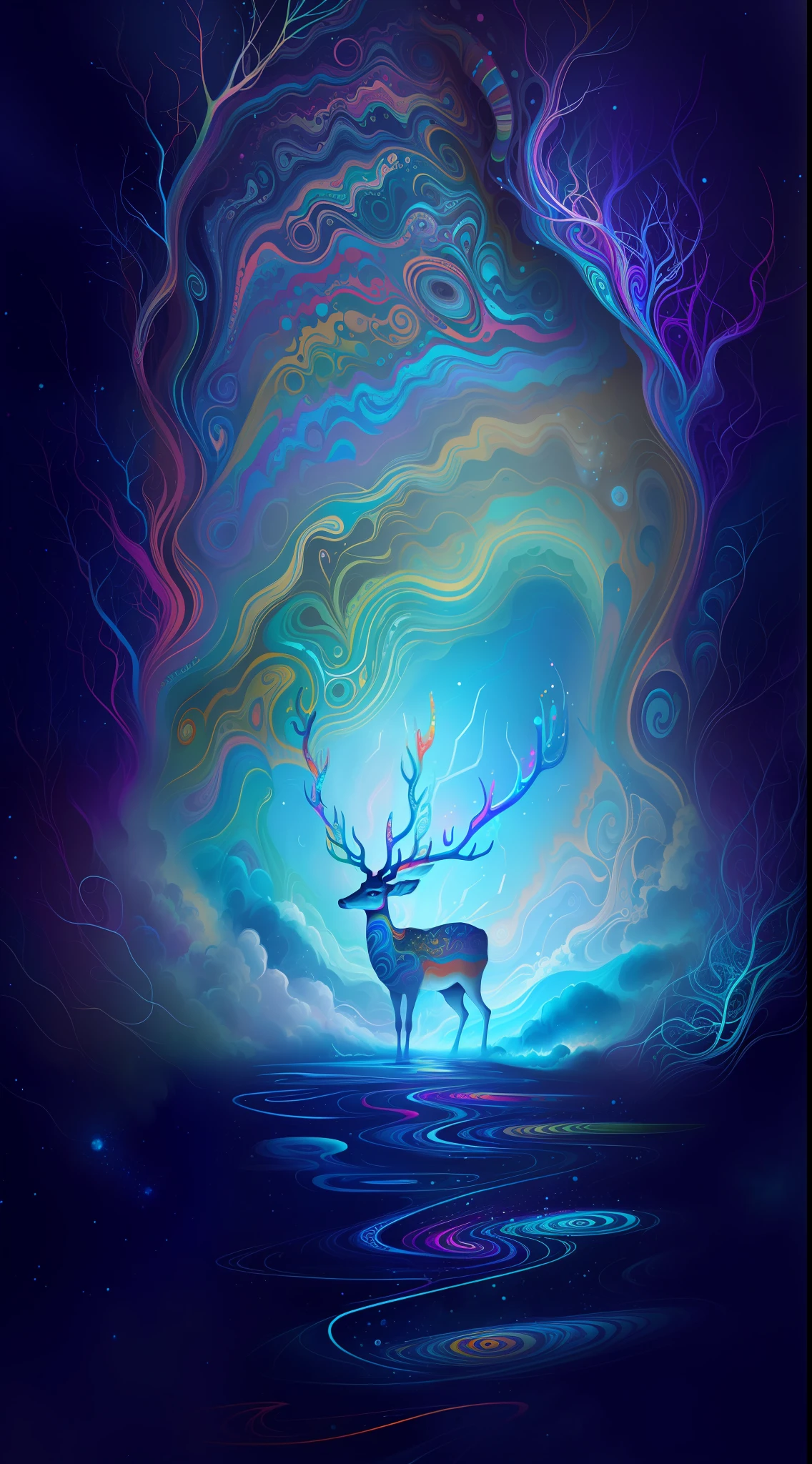(Psychedelic painting of a deer standing in front of a colorful swirl), ((multiple antlers, stag, big head)), bright colors, thick lines, waves, multiple layers, foreground, perspective, fractal Thunder Dan Mumford , Dan Mumford and Alex Gray style, psychedelic surreal art, surreal psychedelic design, dream art style, illusion psychedelic art, infinite psychedelic waves, inspired by Cyril Rolando Rolando), realistic ripple structure, psychedelic art style, psychedelic art, psychedelic illustration -- V6
