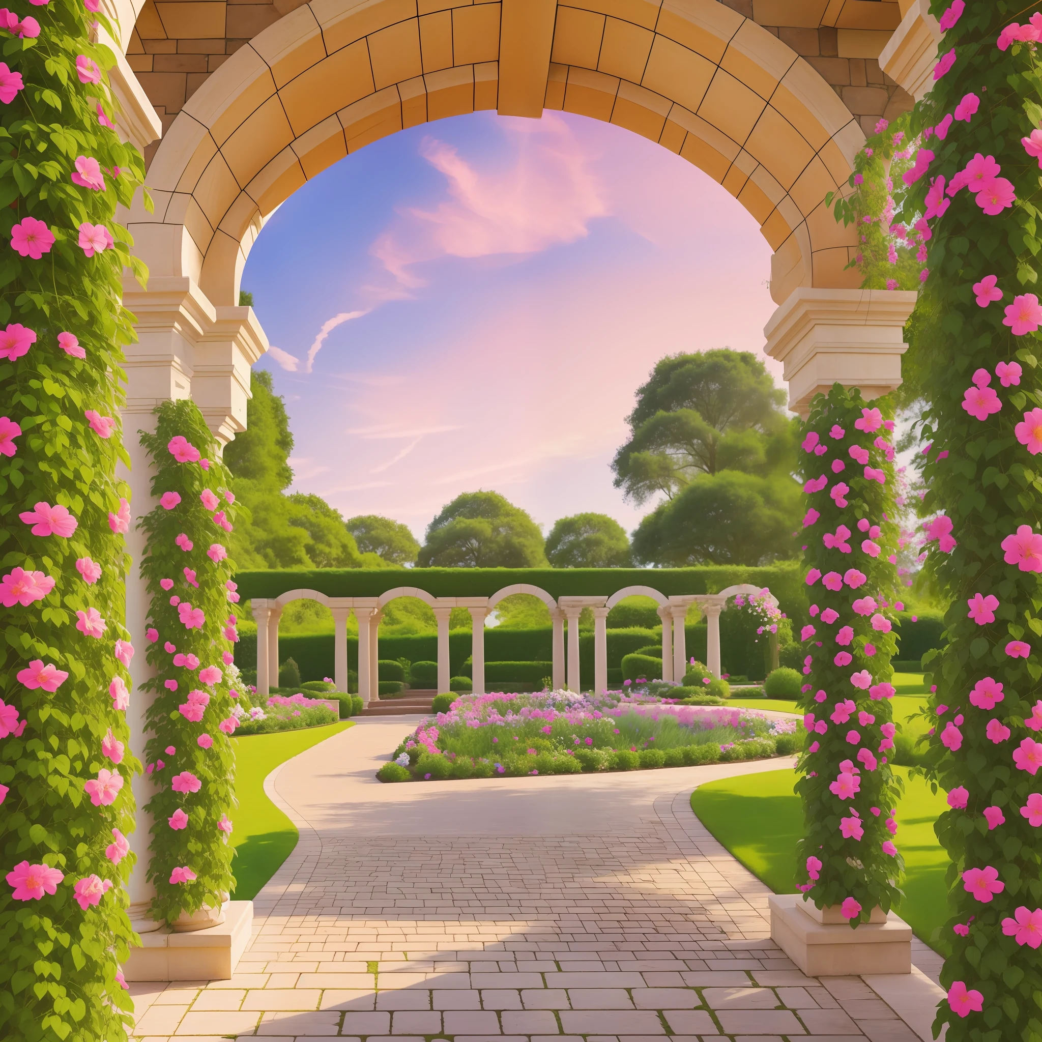 Roman pillars at the entrance of a garden and flowery and colorful background arches with colorful gardens and trees, very vivid colors --auto --s2