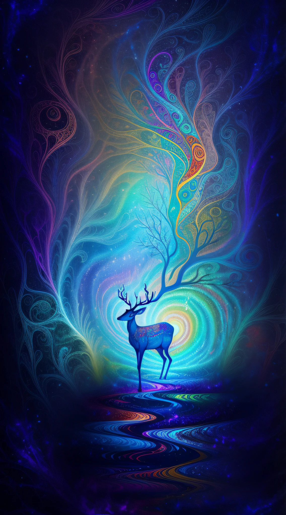 (Psychedelic painting of a deer standing in front of a colorful swirl), ((multiple antlers, stag, big head)), bright colors, thick lines, waves, multiple layers, foreground, perspective, fractal Thunder Dan Mumford , Dan Mumford and Alex Gray style, psychedelic surreal art, surreal psychedelic design, dream art style, illusion psychedelic art, infinite psychedelic waves, inspired by Cyril Rolando Rolando), realistic ripple structure, psychedelic art style, psychedelic art, psychedelic illustration -- V6