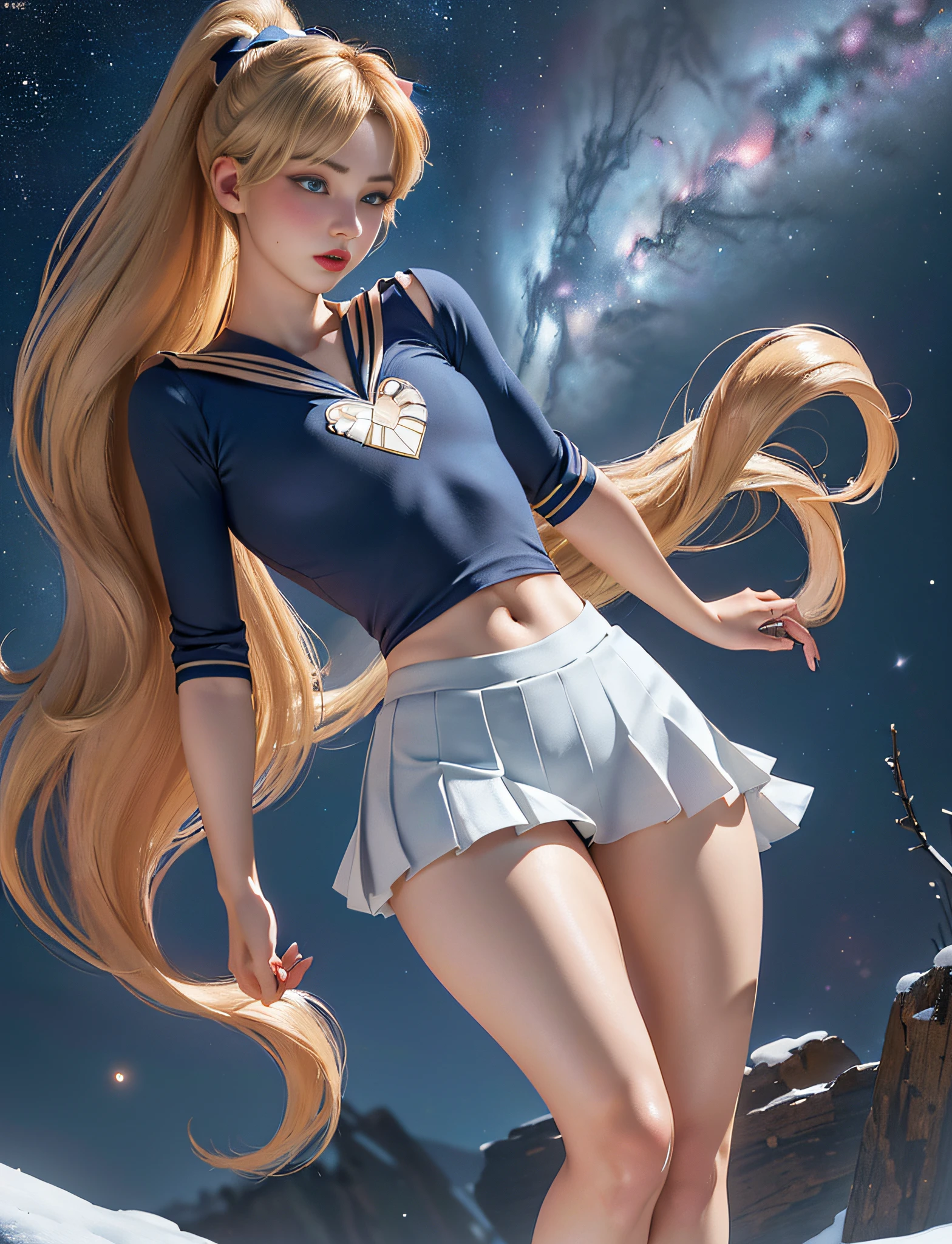 ((very detailed RAW color photo)), ((realistic)), (((1 girl))), (((alone))), (((30 years))), ((athletic)), ((very defined toned physique)), ((very defined and beautiful muscular body)), (((very detailed perfect body))), (((small and defined breasts))), (((ultra defined curves))), (((superior quality, 8k, masterpiece: 1.3)), sharp focus: 1.2, (((extremely beautiful girl with perfect figure: 1.4))), ((very thin waist: 1.2)), ultra detailed skin texture, ((perfect and beautiful hands)), ((smooth and soft skin)), (ultra detailed fabric texture), extremely beautiful ultra detailed face, (((extremely beautiful))), ultra detailed, (((girl wearing Sailor Venus costume))), (((the suit wears miniskirt))), (((extremely long curly blonde hair))), extremely beautiful, (((extra long ponytail with bangs))), ((very detailed and beautiful wolf ears)), (hair on the face), ((hair ribbon)), dynamic pose, ((uniform leaves thighs exposed)), ((ultra detailed and toned legs)), (((ultra detailed waist))), (((very wide hips))), (((very thick and toned thighs))), (sexy), (((extreme hourglass figure))), (((very thick heart lips))), ((red lipstick)), ((ultra detailed lips)), ((ultra detailed blue eyes)), ((angry look)), (((staring at the viewer))), ultra detailed provocative mouth, extremely beautiful seductive lips, ((blushing)), (makeup), (((ultra defined waist))), eye shadow, (full body shot), starry night, night sky, stars, full moon, galaxies and nebulae, snow