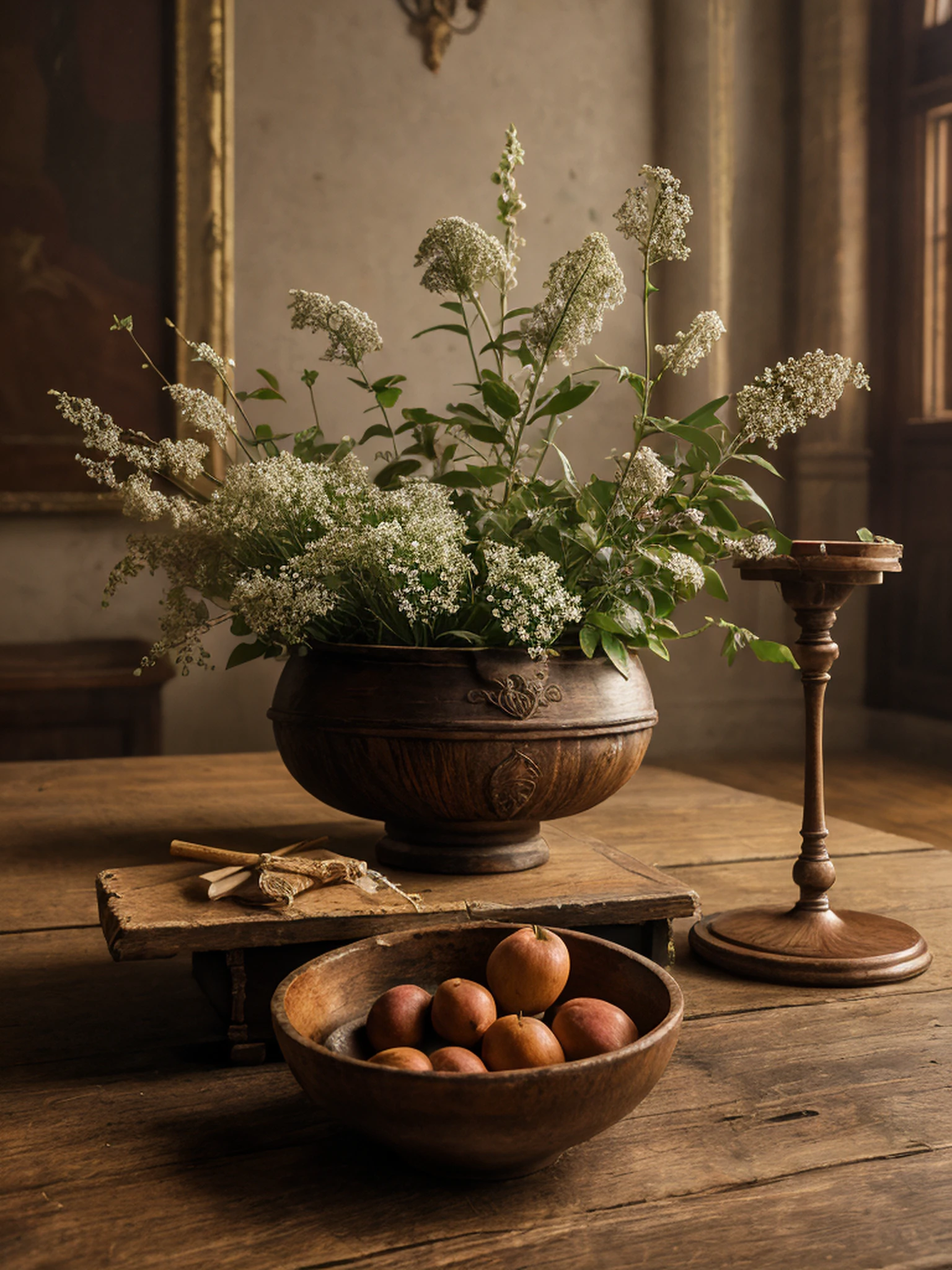 a bowl of fruits, a Stradivari violin, an old book, a candlestick, withering flowers, are on an old wooden table,  ((objects in realistic scale)), close-up photo, RAW,  8k, uhd, perfect angle, outstanding details, ultra high resolution, (realism: 1.6),  favor details, the background is a 18th century Baroque castle room environment, Bokeh, cinematics